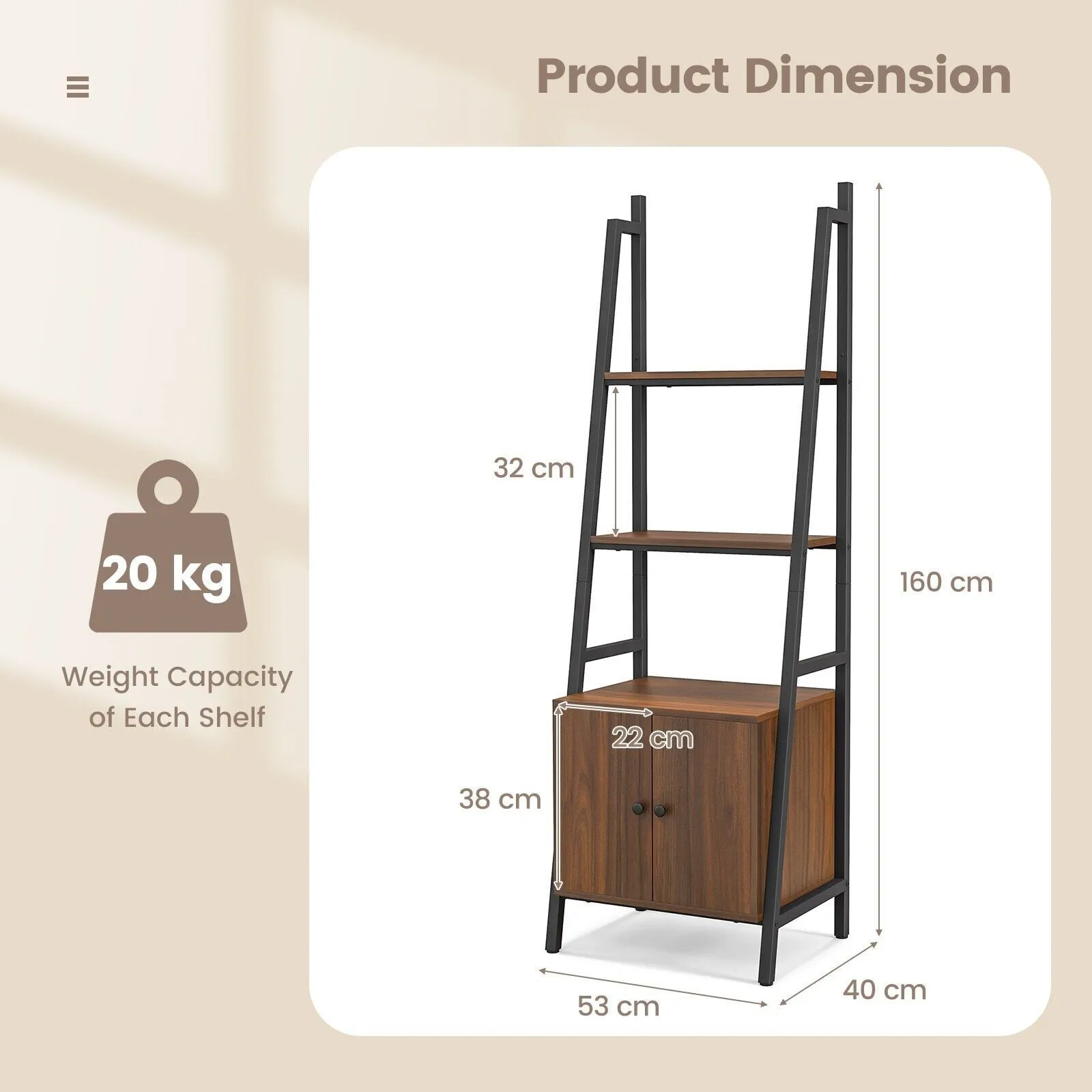 Costway 4 Tiers Ladder Shelf with Cabinet 160 CM Tall Bookshelf Industrial Bookcase in Brown 2