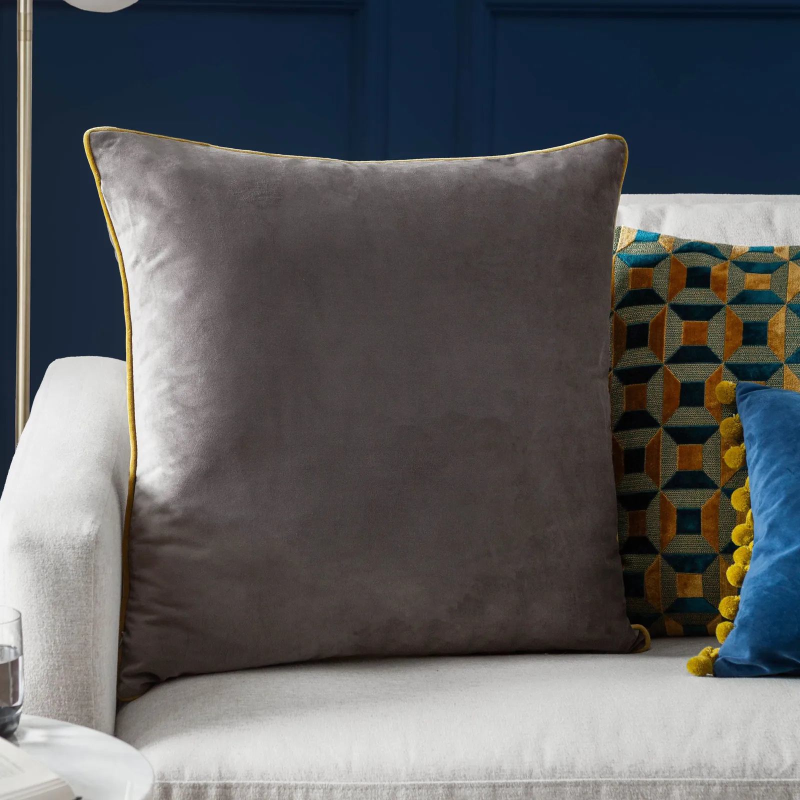 Furn Meridian Velvet Piped Cushion in Stone