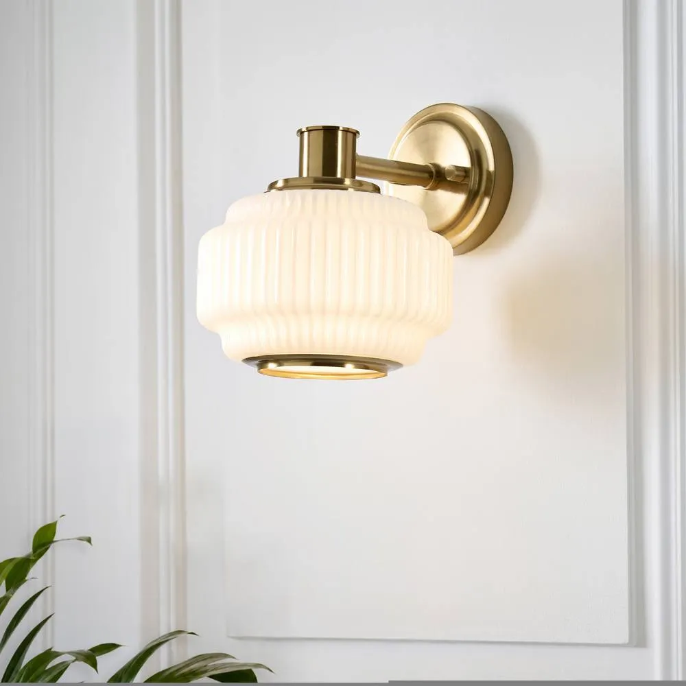 Netlighting Evora Globe Wall Lights Brushed Aged Brass Opal Ribbed Glass in Gold 2