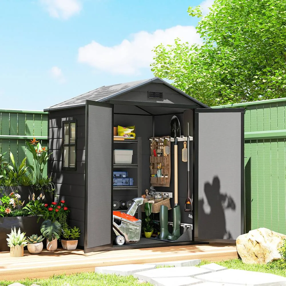 OUTSUNNY Garden Shed 6'x4.5' Plastic Tool Storage House Lockable Double Doors in Dark Grey 2