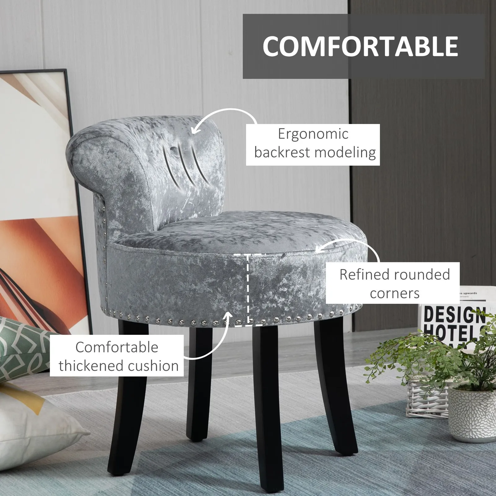 HOMCOM Dressing Table Stool with Rubber Wood Legs for Living Room Bedroom in Grey 4