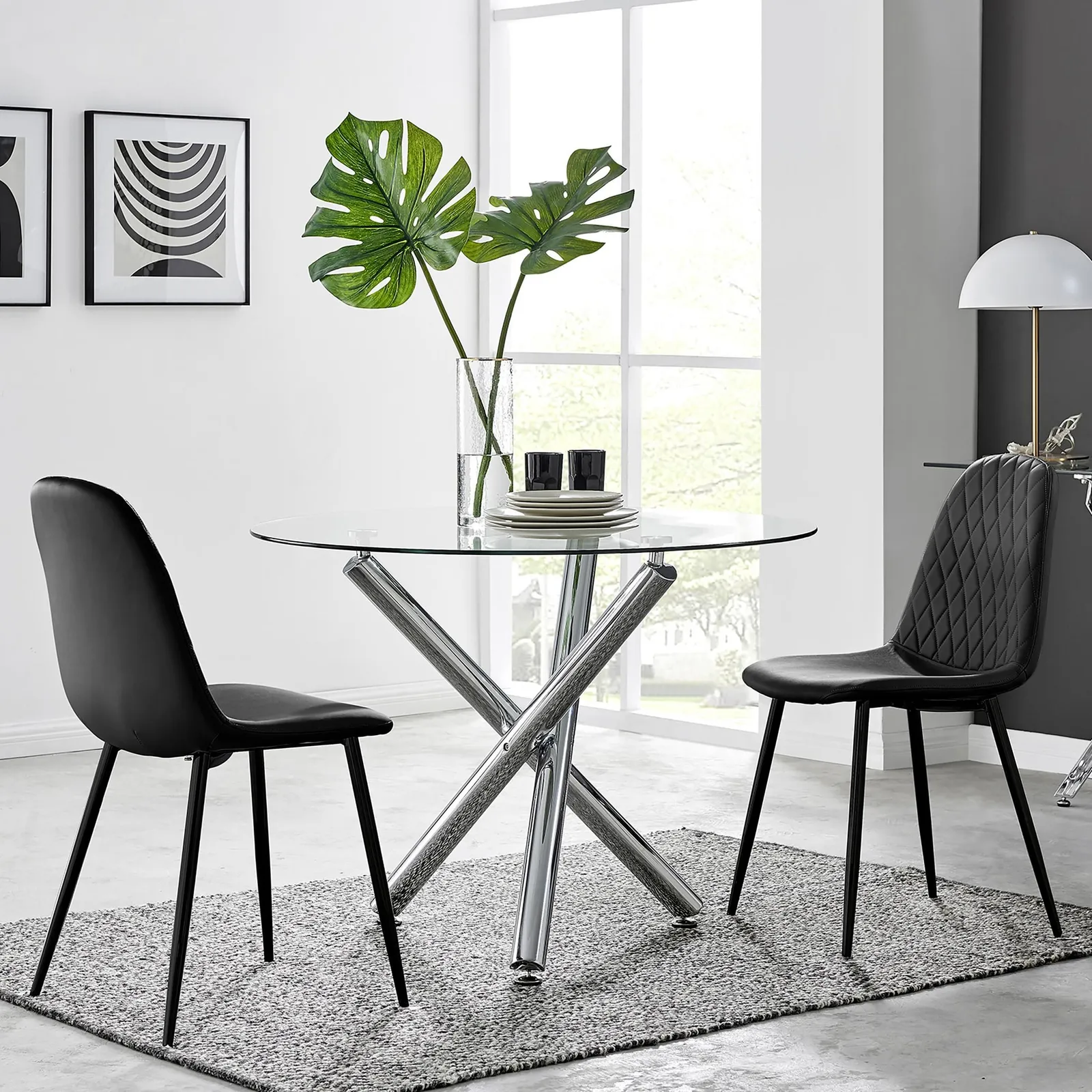 FurnitureboxUK Selina Round Glass Chrome Leg Dining Table & 2 Corona Black Leg Chairs