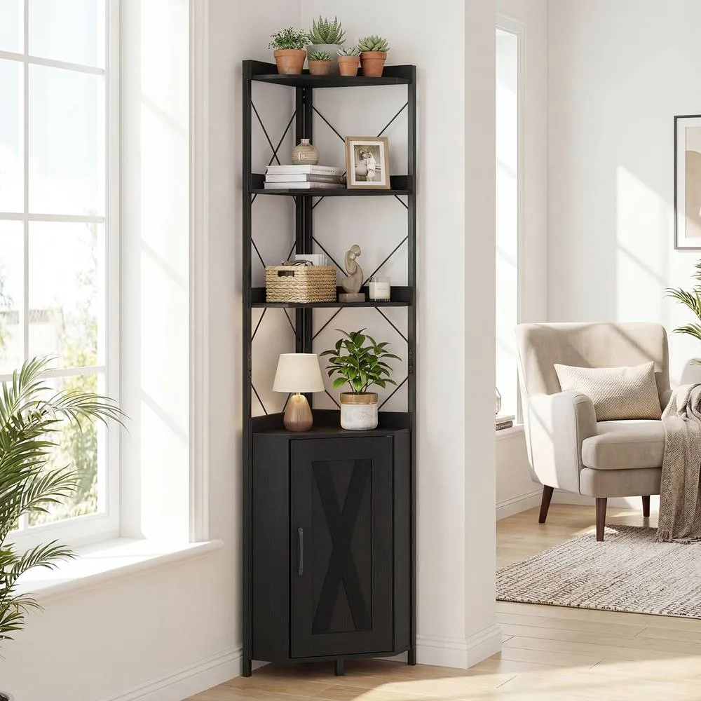 Costway Modern Corner Shelf 180cm Tall Corner Cabinet Bookshelf Display Rack in Black