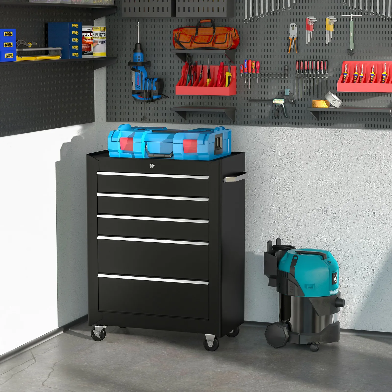 HOMCOM 5-Drawer Lockable Steel Tool Storage Cabinet Wheels Handle 2 Keys in Black 1