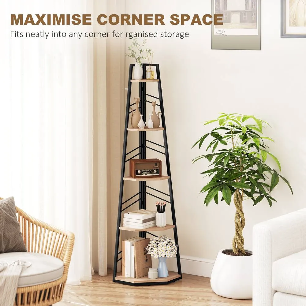 HOMCOM 5-Tier Corner Bookcase, Floor Standing Shelving Unit in Brown 4