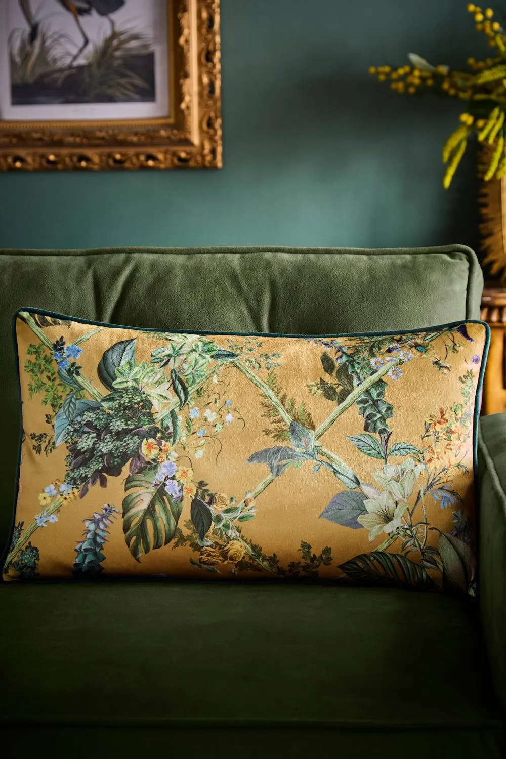 Laurence Llewelyn-Bowen 'Cotswold Fantasia Dawn' Floral Print Velvet Rectangular Filled Cushion in Gold