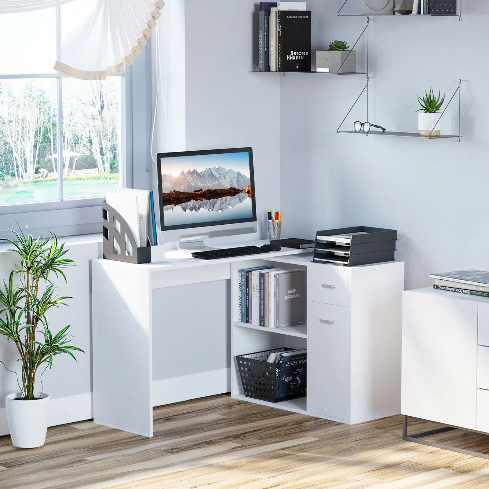 HOMCOM Corner Computer Desk 180° Rotating Dining Table W/ Storage Shelf in White