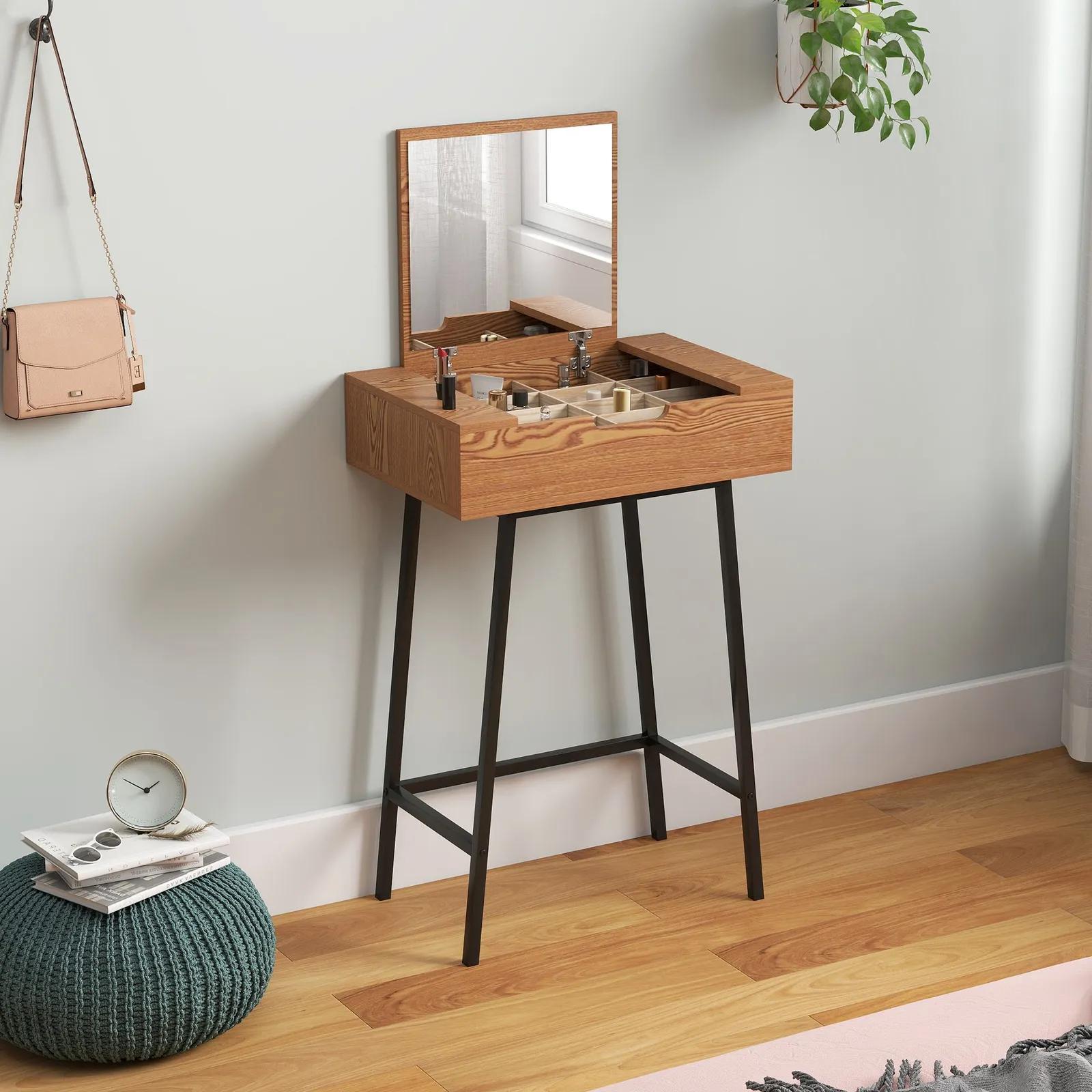 HOMCOM Industrial Vanity Desk with Mirror & Steel Legs Natural Wood Effect