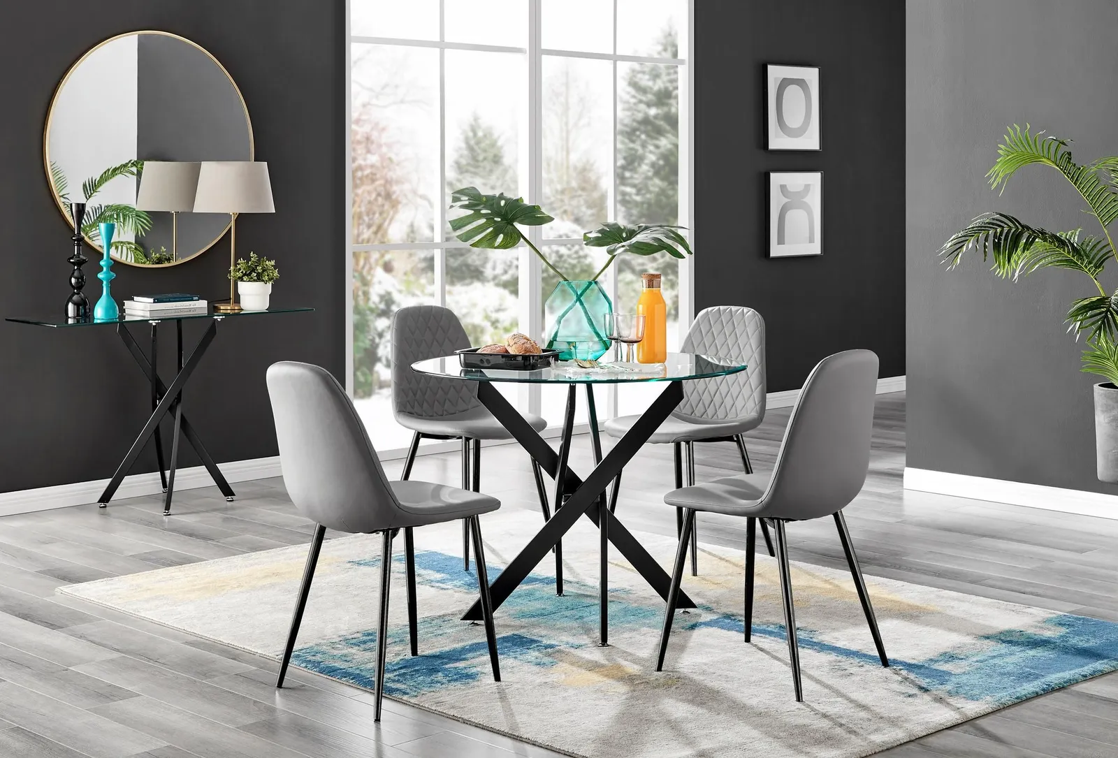 FurnitureboxUK Novara 4 Seater Black Leg Round Glass Dining Table & 4 Corona Faux Leather Black Leg Chairs in Grey 1