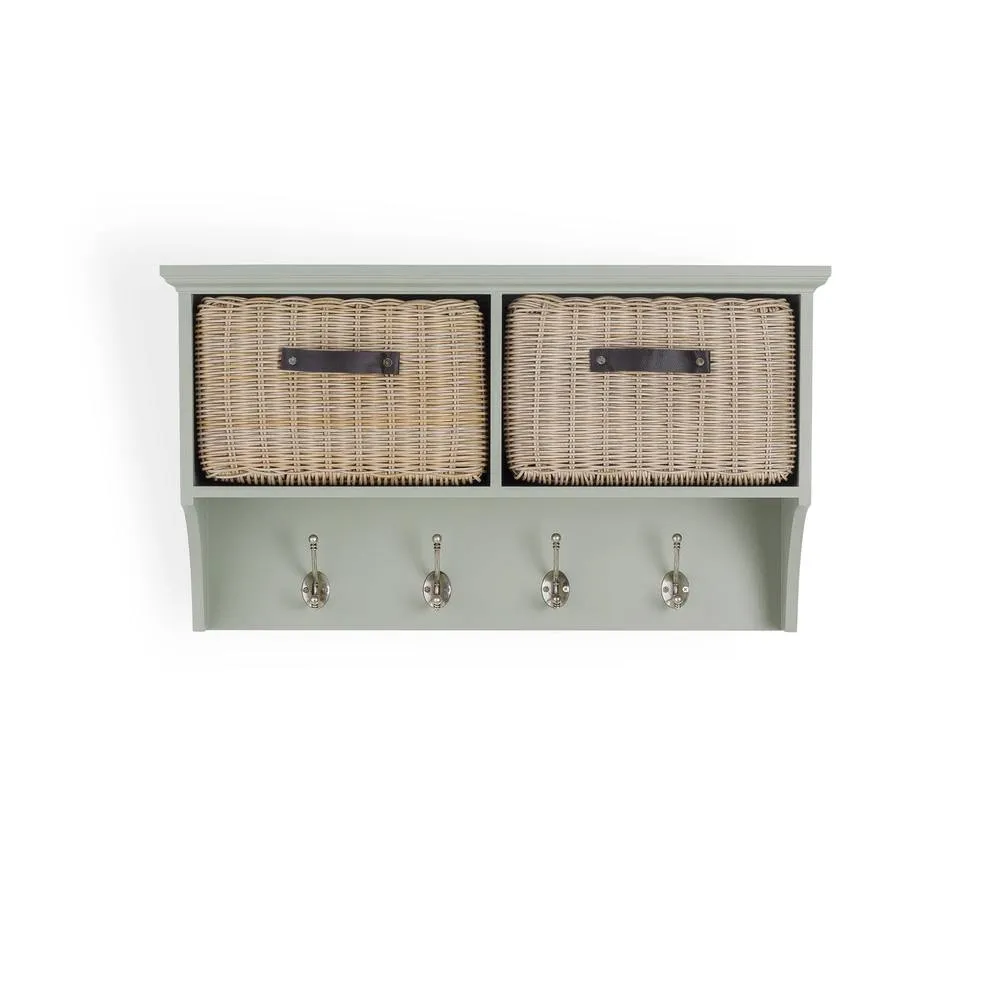 Statement Furniture Tetbury Coat Rack Hanging Shelf with 2 Brown Storage Baskets in Light Green 3