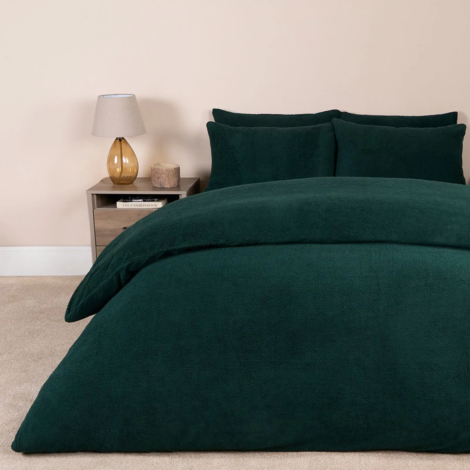 OHS Thermal Soft Teddy Fleece Duvet Cover Bedding Set in Dark Green