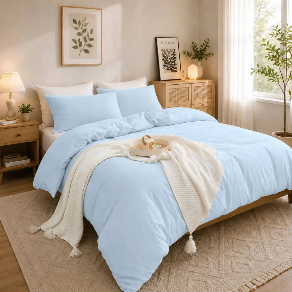 Grace Prewashed Microfibre Duvet Cover Set Soft Lightweight Zipper Closure in Light Blue
