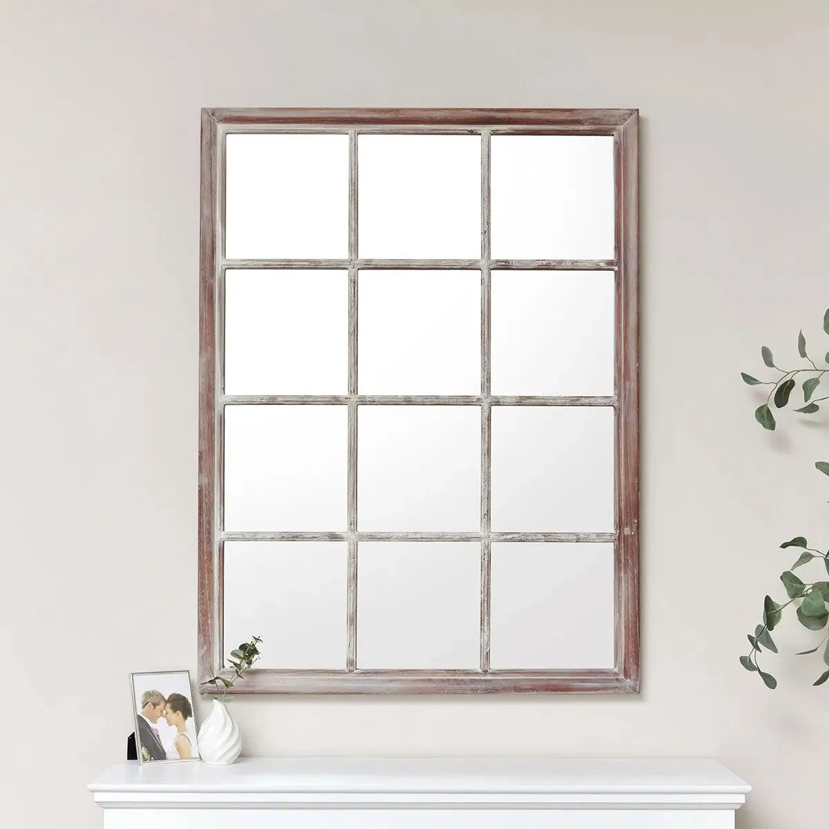 Melody Maison Large Rustic Wooden Window Wall Mirror 120cm X 90cm in Light Brown 2
