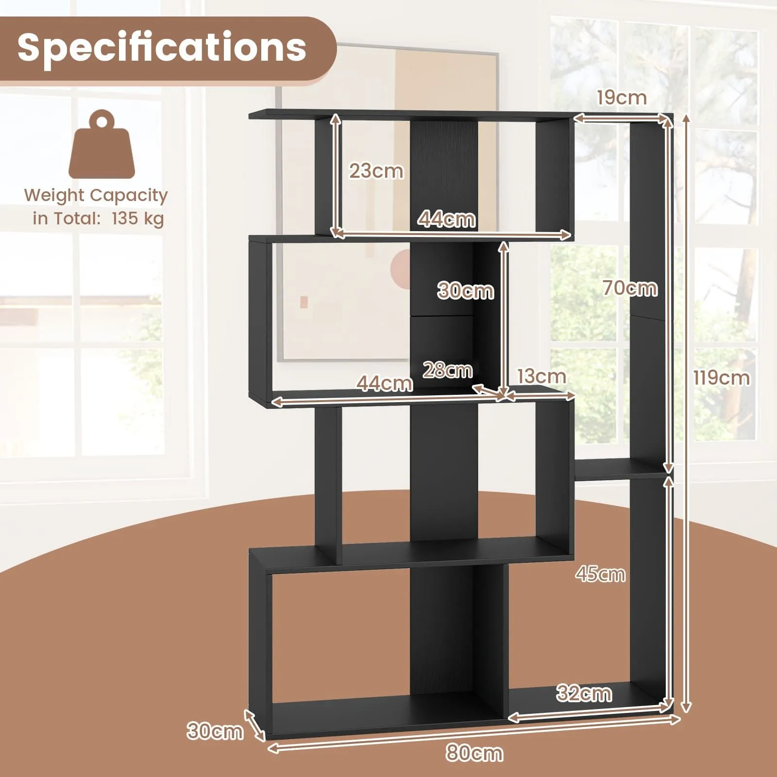 Costway Open-back Geometric Bookshelf Home 6-Cube Large Bookcase-Black in Black 4