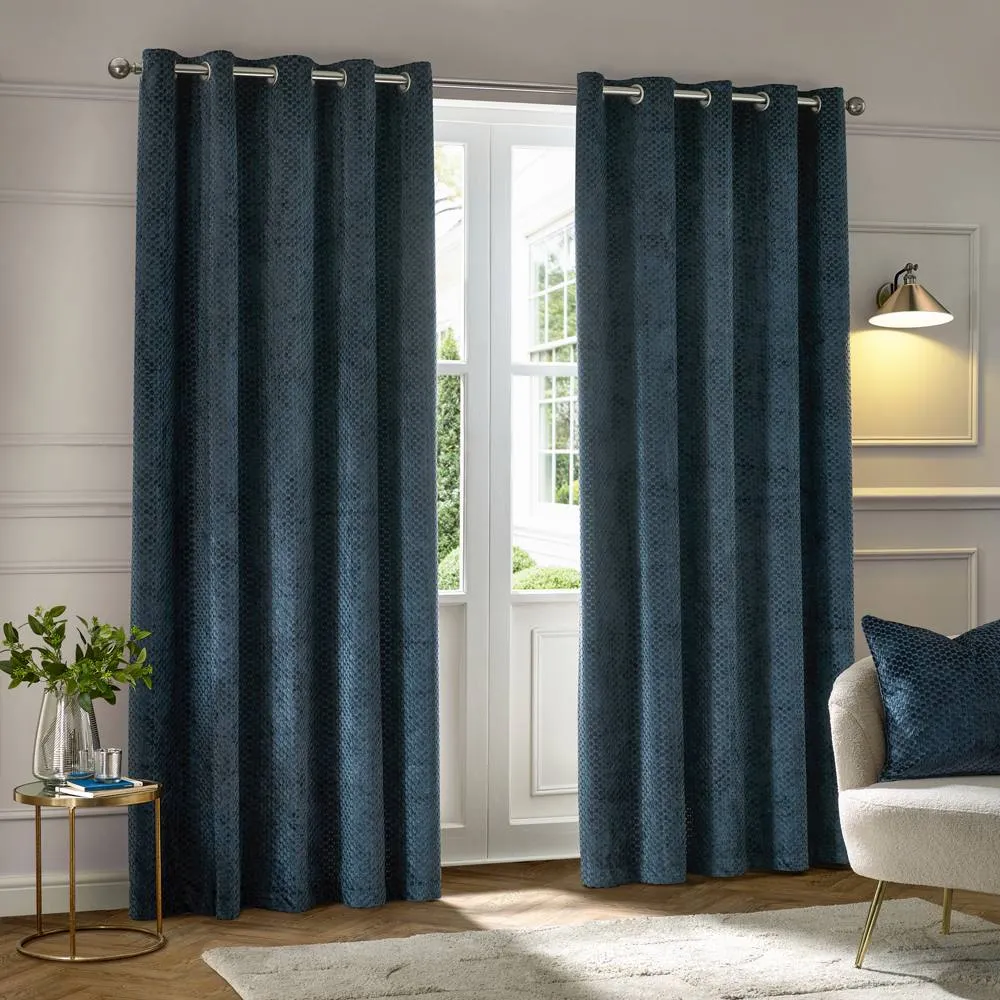 Paoletti Neptune Fully Lined Velvet Eyelet Curtain Pair in Navy 2