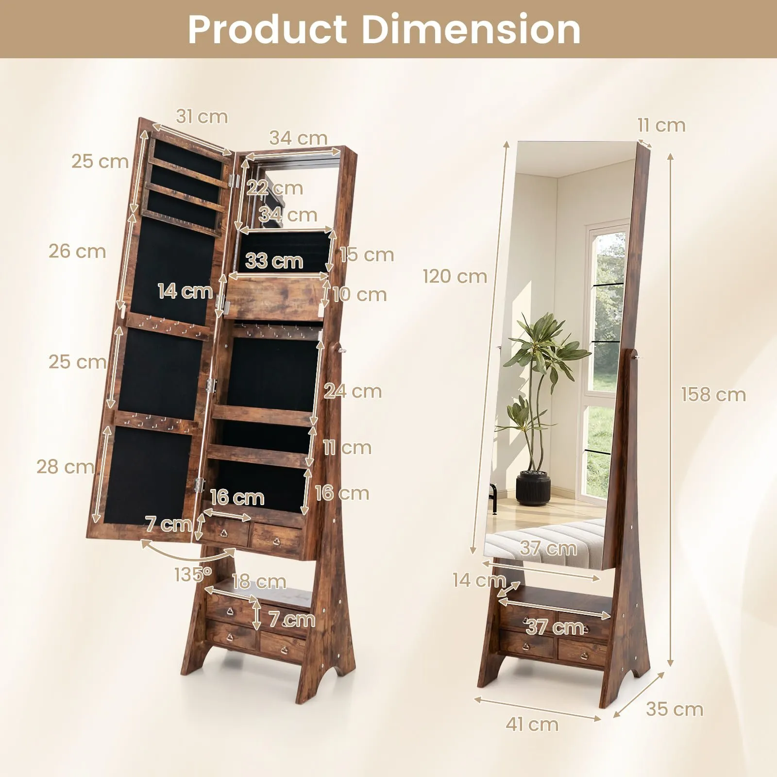 Costway Freestanding Jewelry Cabinet Floor Jewelry Armoire Organizer in Brown 2