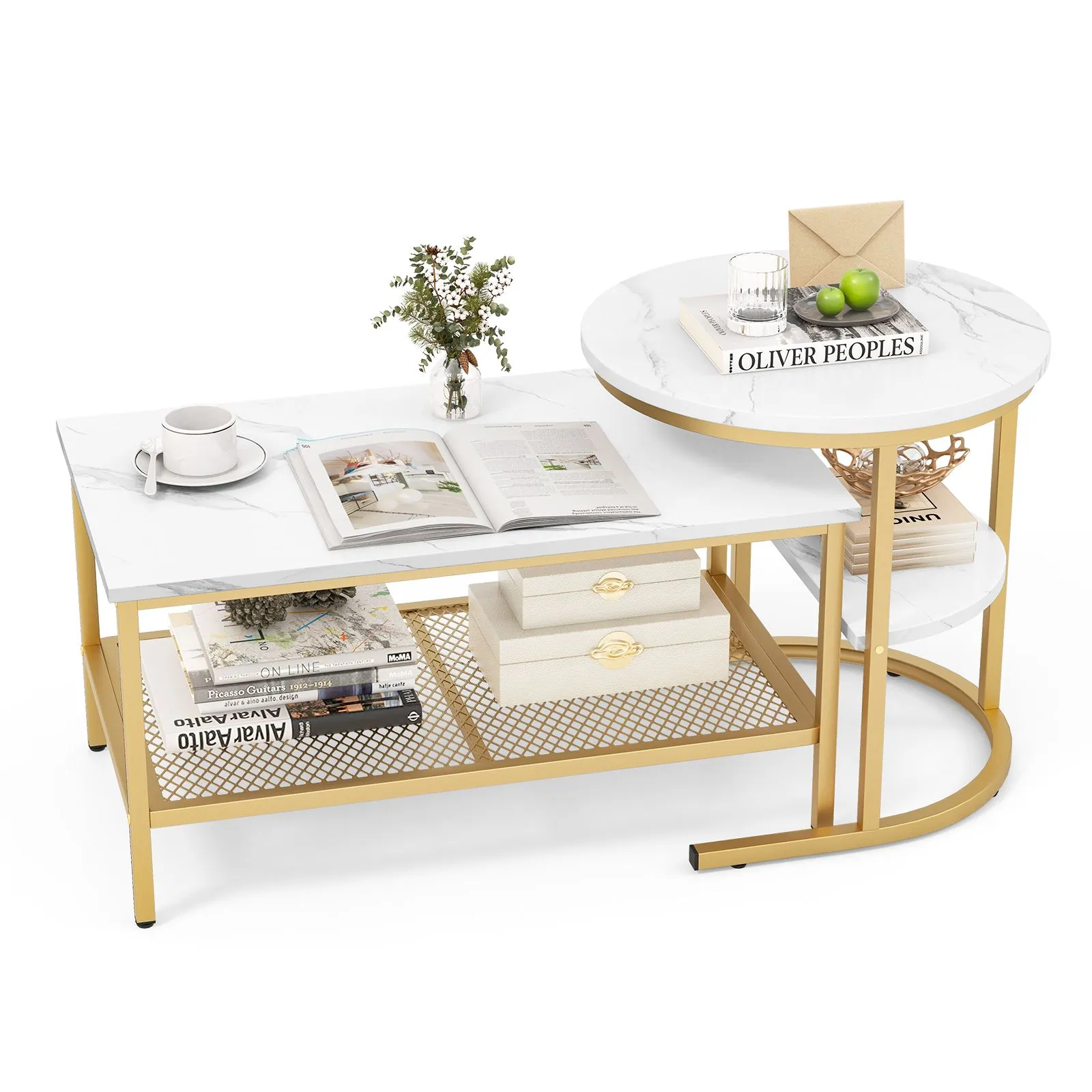 Costway Set of 2 Coffee Nesting Table Set Detachable 2-Tier Sofa Side Table Faux Marble in Gold