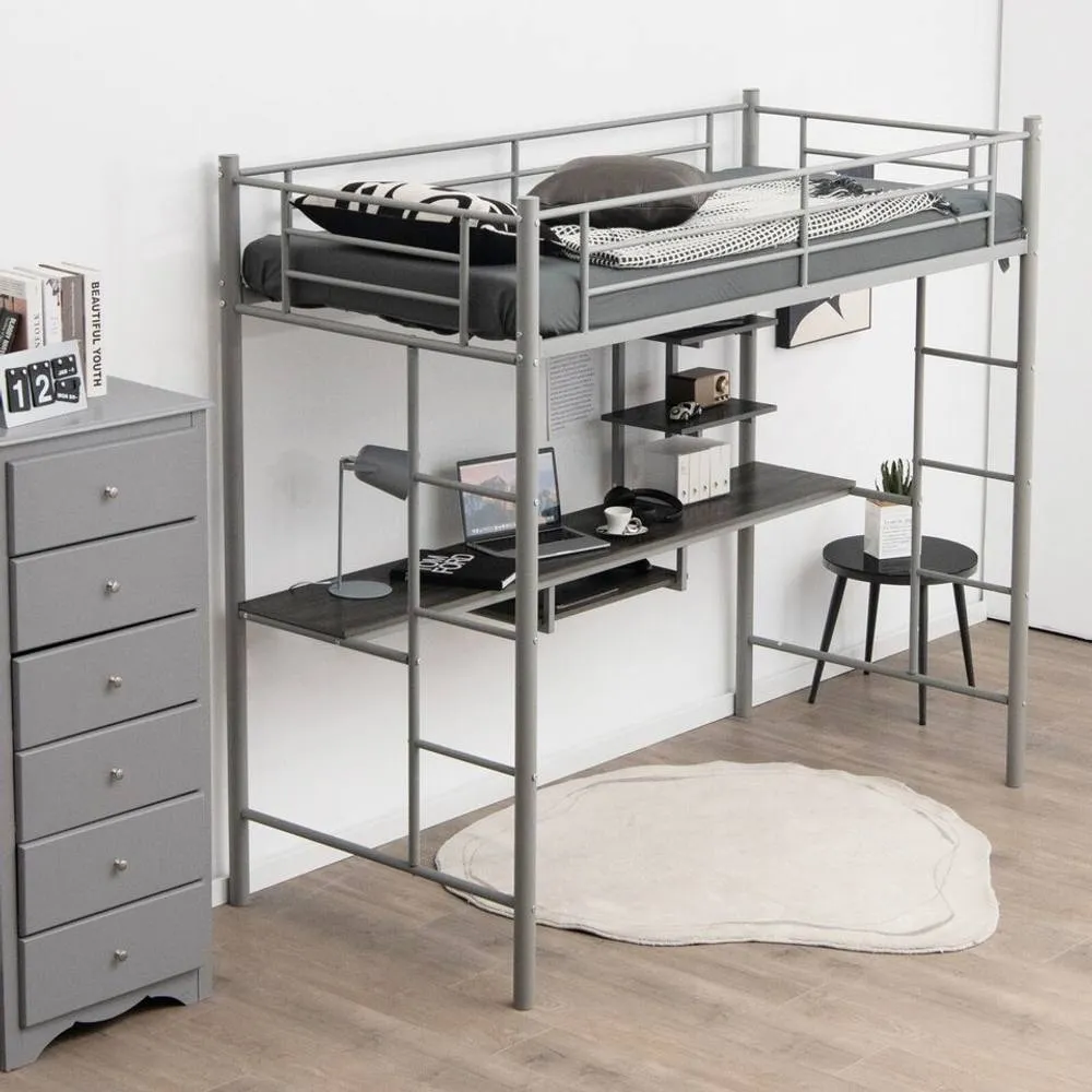 Costway 3.5FT Single Metal Loft Bed Frame High Sleeper Bunk Bed W/ Desk Storage Shelves in Silver 2