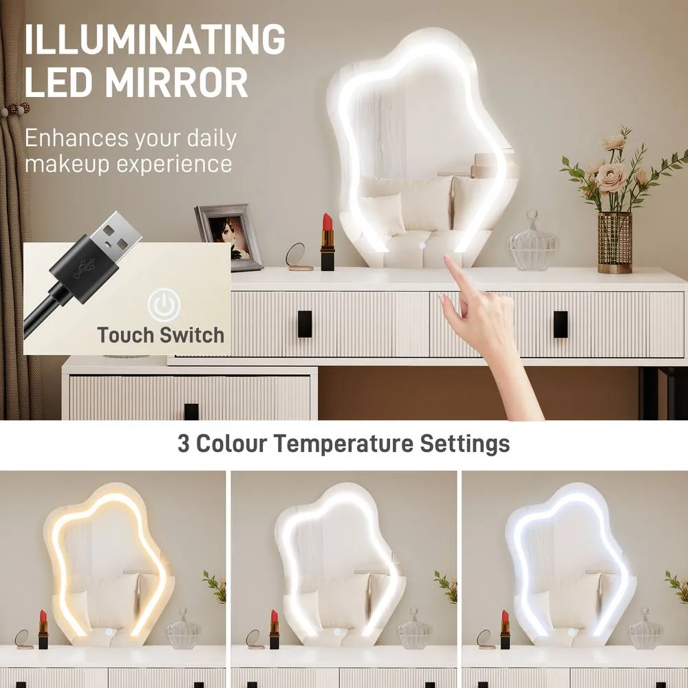 HOMCOM Dressing Table with LED Leaf Shape Mirror & 5 Drawers, White 4