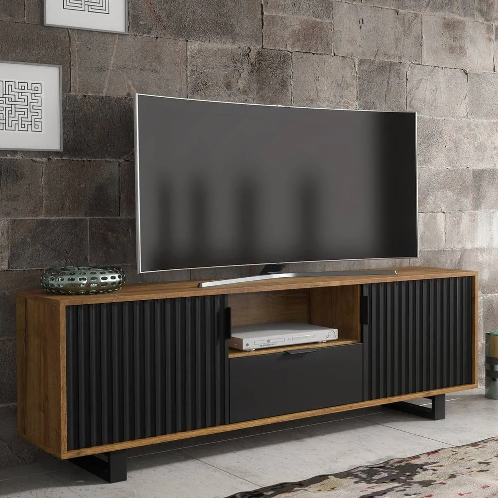 Creative Furniture Blackridge TV Unit 160cm - Dark Oak with Black Fluted Doors & Drawer in Brown 5