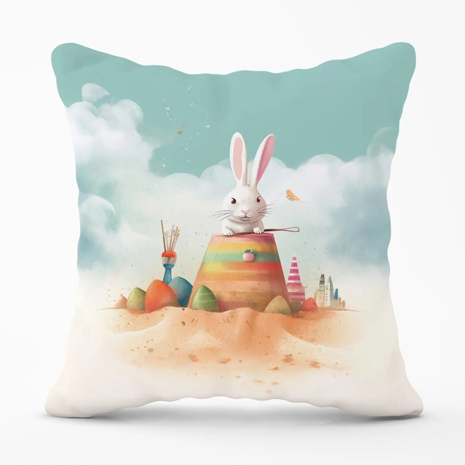 Warren Reed - Designer White Rabbit On A Beach Holiday Outdoor Cushion in Yellow