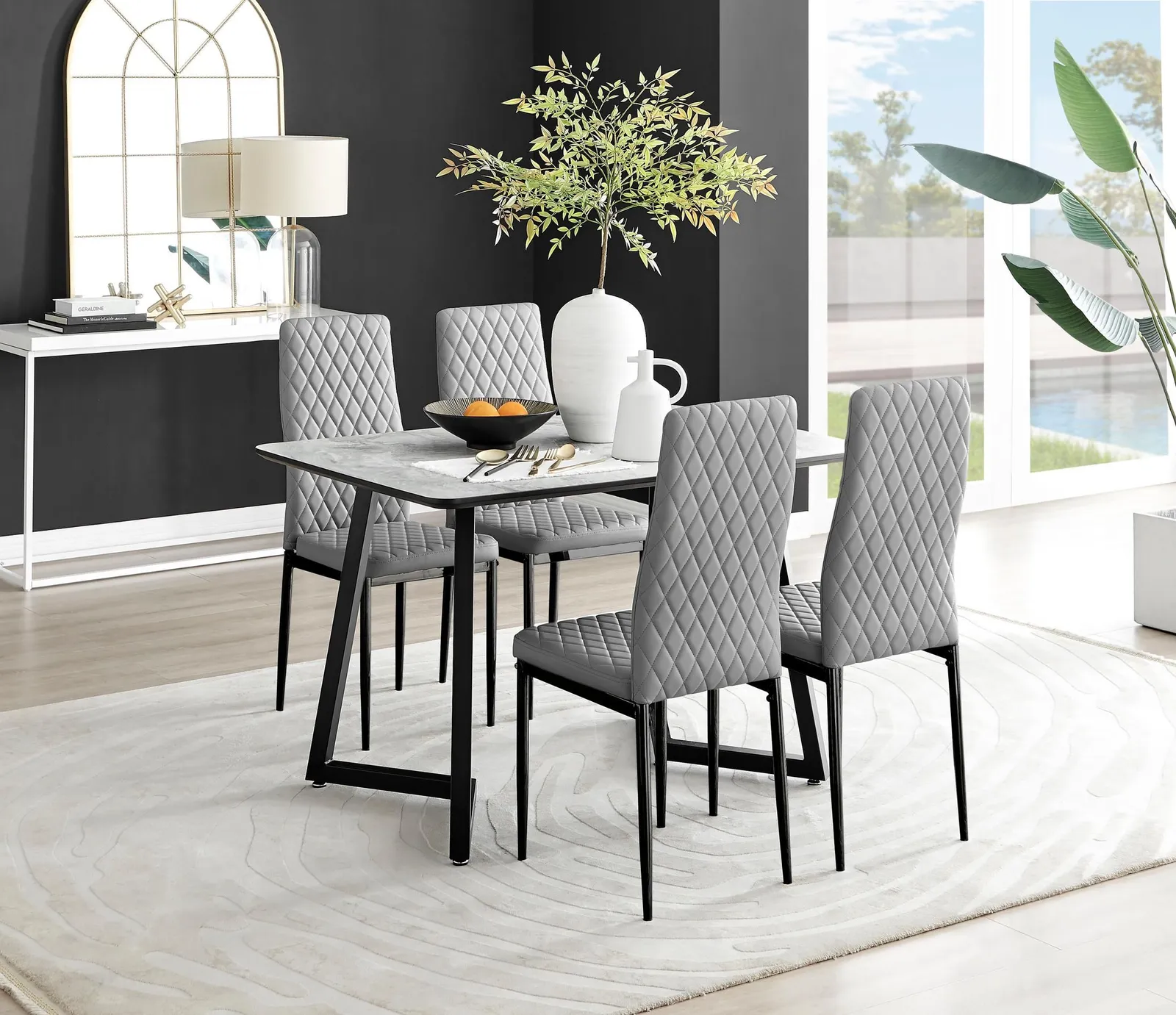 FurnitureboxUK Carson White Marble Effect Dining Table & 4 Milan Black Leg Chairs in Grey