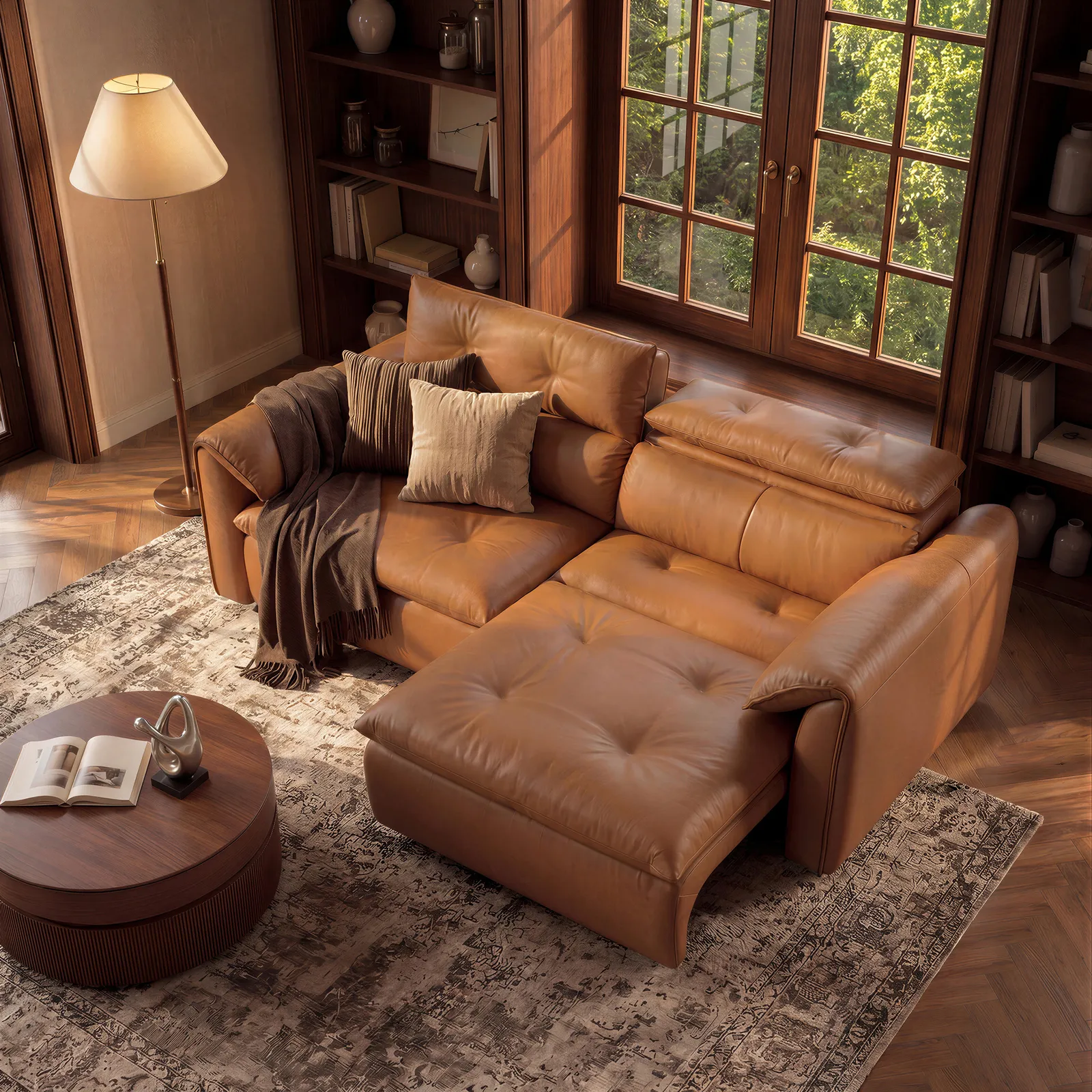 222cm 2-Seater Genuine Leather Power Convertible Sleeper Sofa with Adjustable Headrests