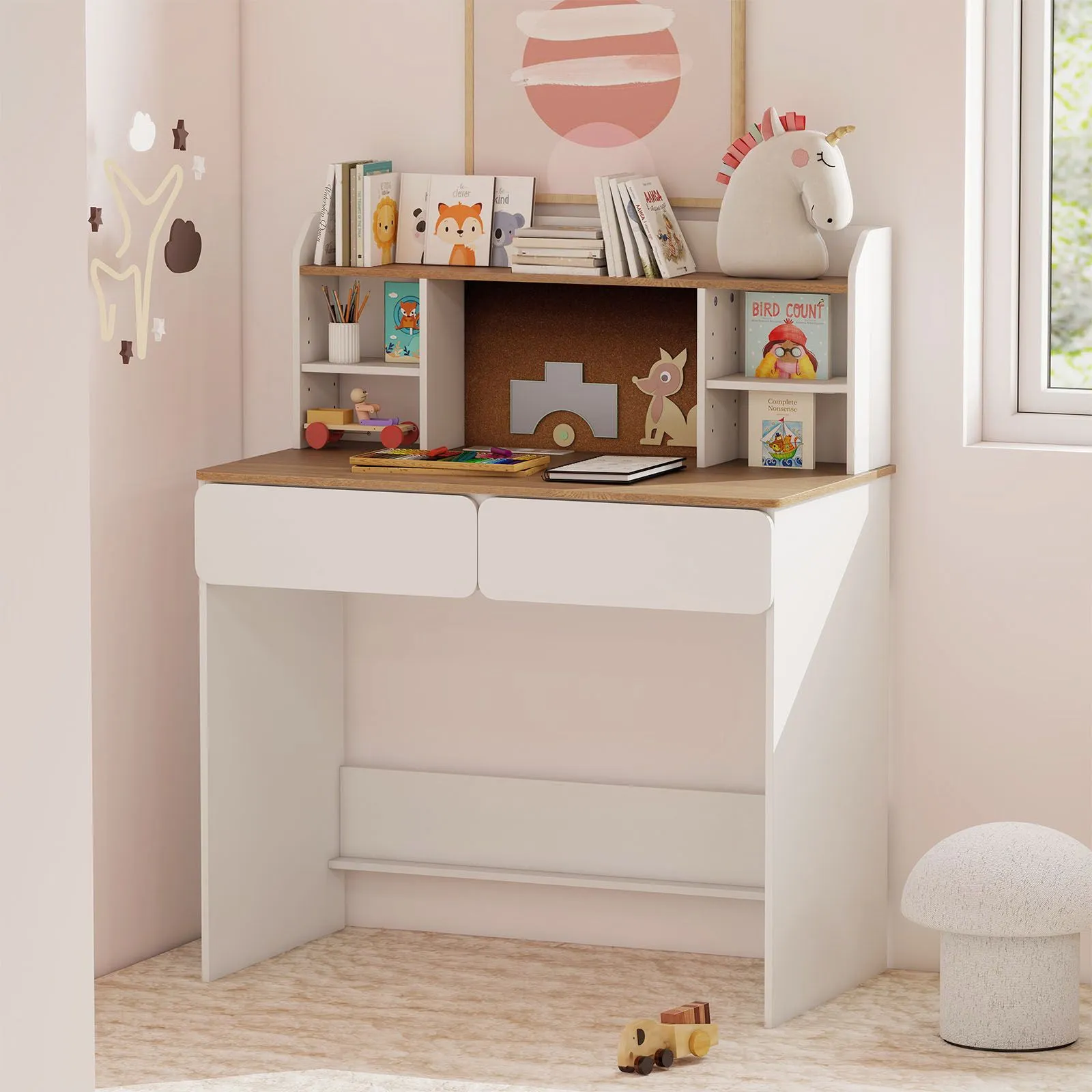 Costway Study Desk Student Writing Table w/ Cork Bulletin Board in White 3