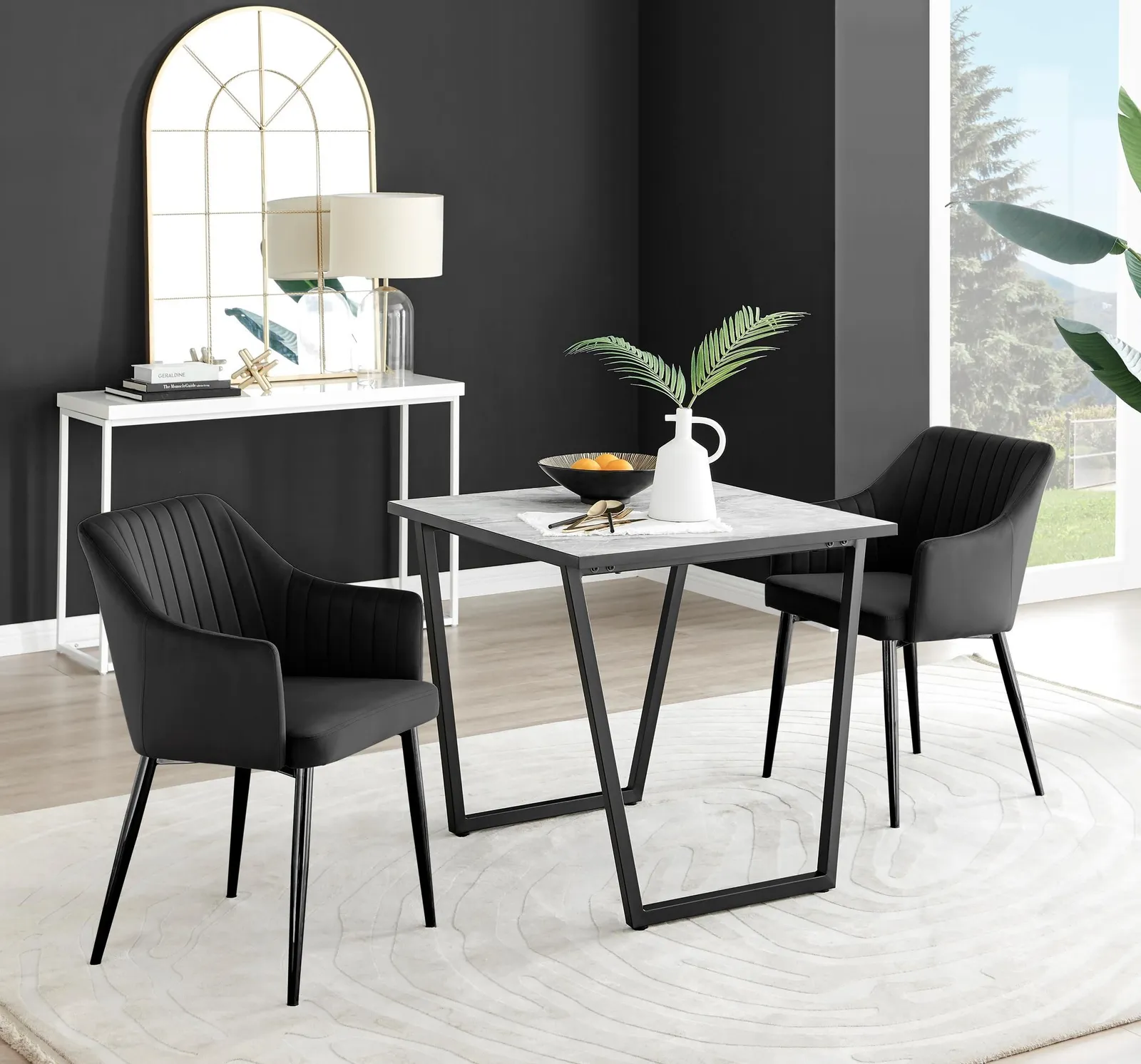 FurnitureboxUK Carson White Marble Effect Square Dining Table & 2 Velvet Calla Black Leg Chairs 1