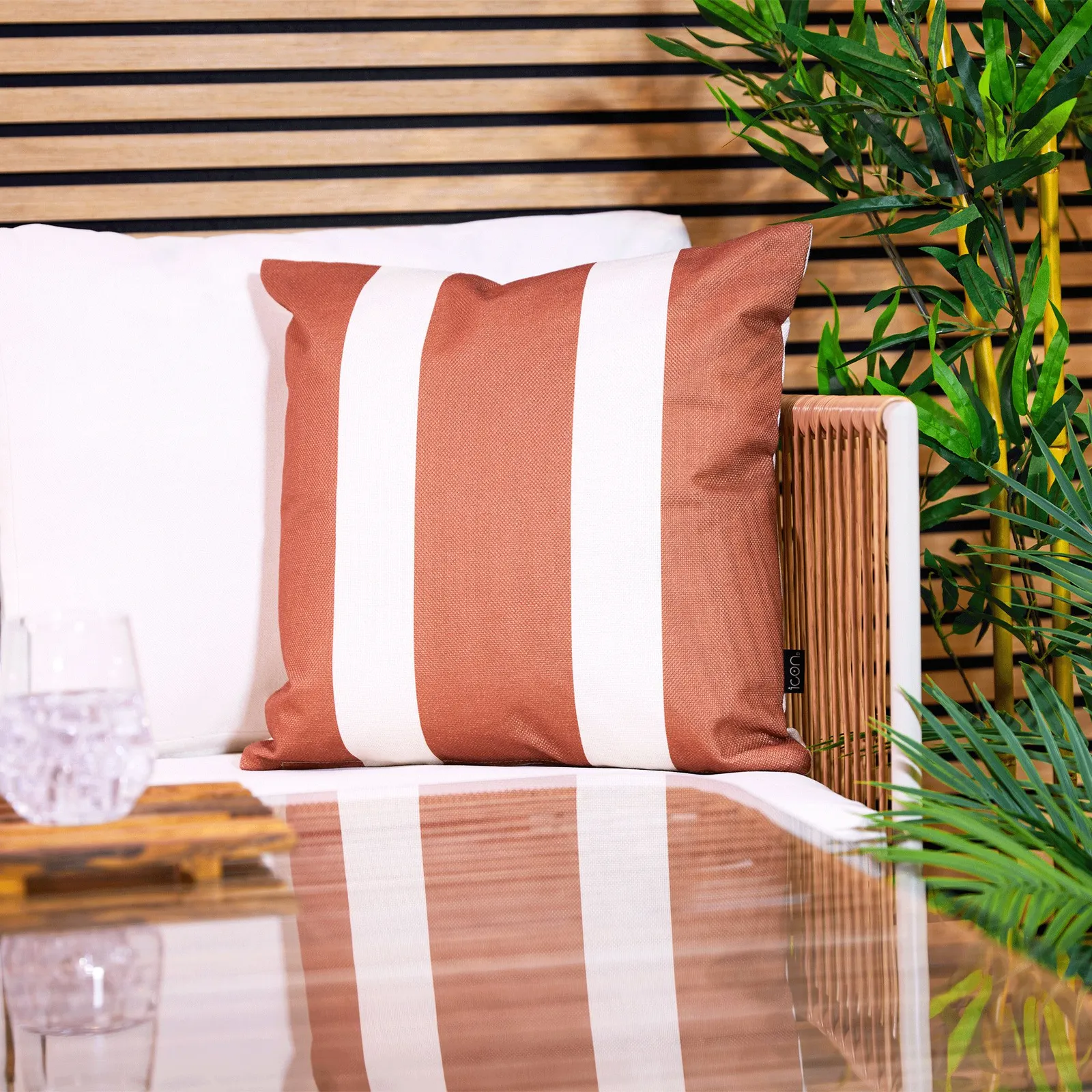 icon Indoor & Outdoor Striped Waterproof Cushion Green in Burnt Orange