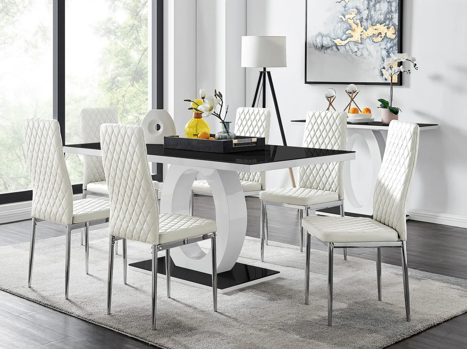 FurnitureboxUK Giovani Rectangular 6 Seat White High Gloss Unique Halo Dining Table Black Glass Top 6 Faux Leather Silver Leg Milan Chairs 1