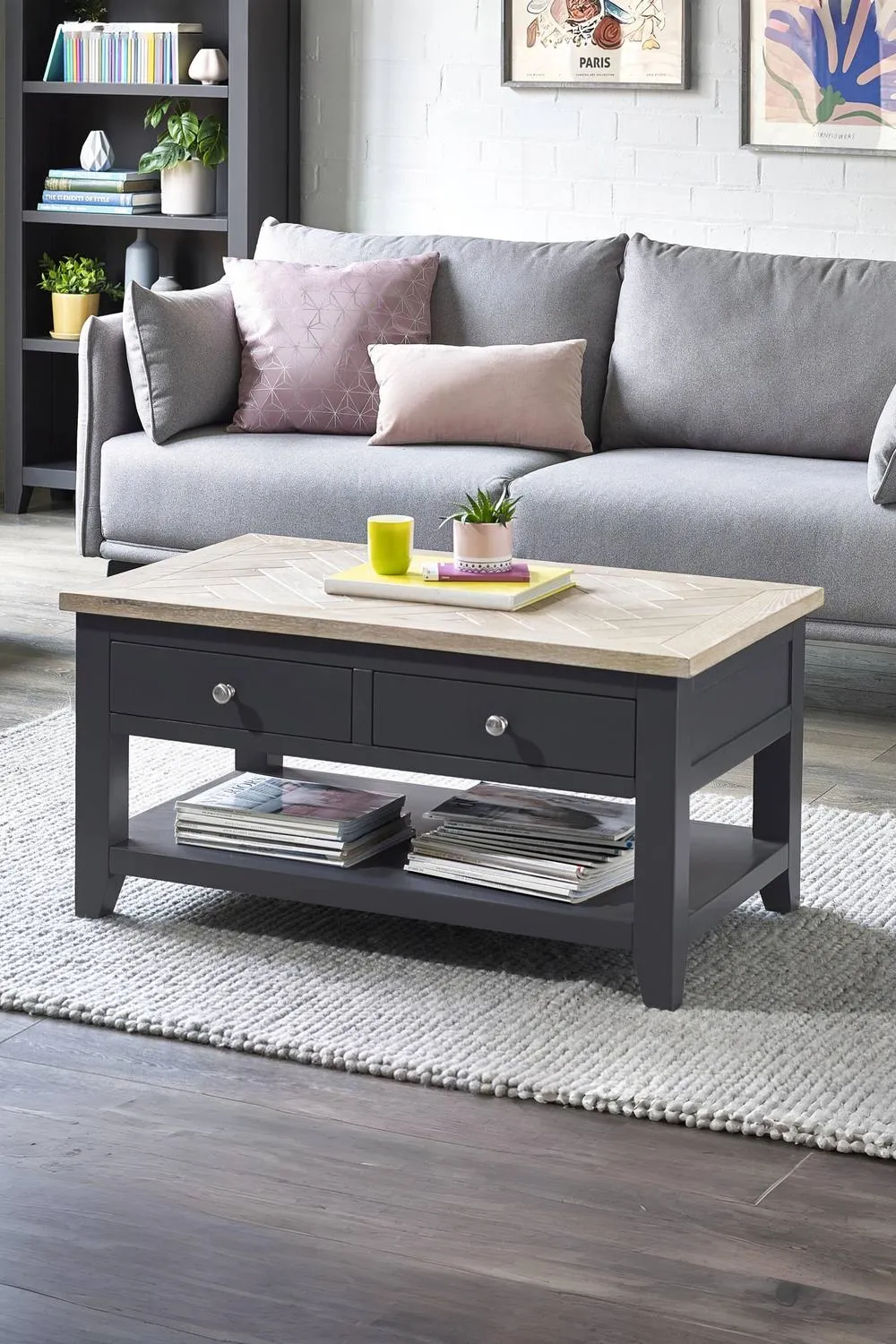 Julian Bowen Bordeaux Rectangular 2 Drawer Coffee Table with Shelf in Dark Grey
