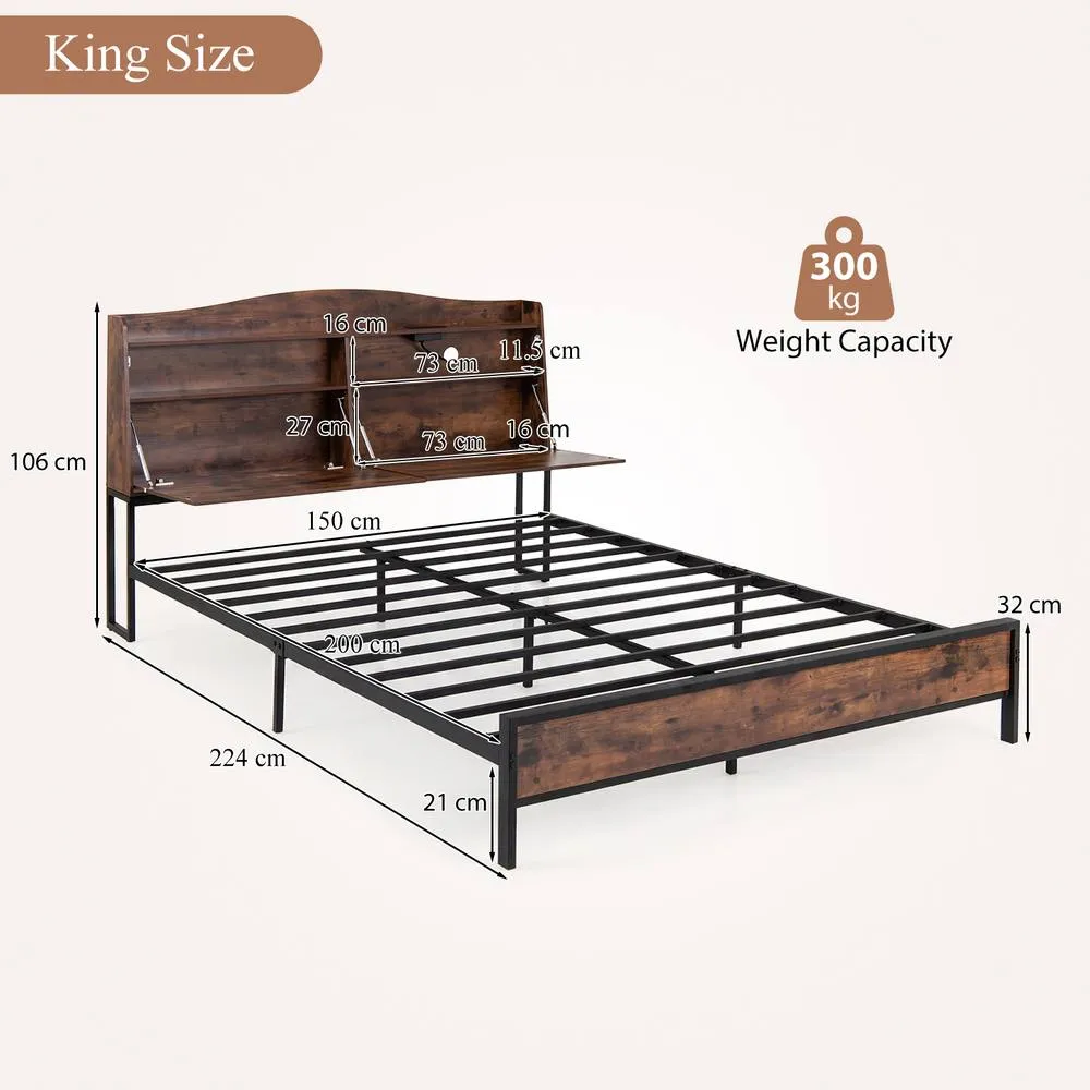 Costway King Size Bed Frame w/Charging Station Industrial Metal Platform Bed in Brown 2