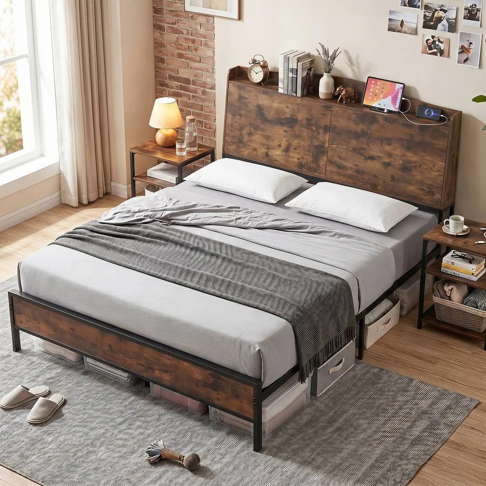 Costway King Size Bed Frame w/Charging Station Industrial Metal Platform Bed in Brown 3