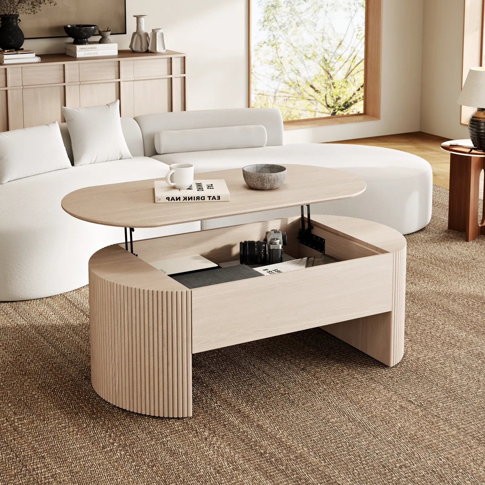 120 cm Oval Lift Top Mid-Century Modern Coffee Table