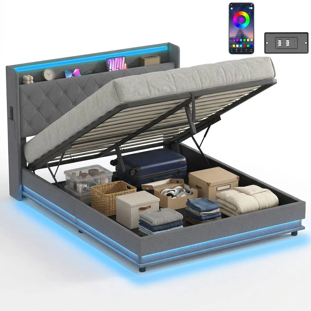 HOMCOM Lift up Storage Bed Frame with RGB LED Lights, 150 x 200cm, Dark Grey 2