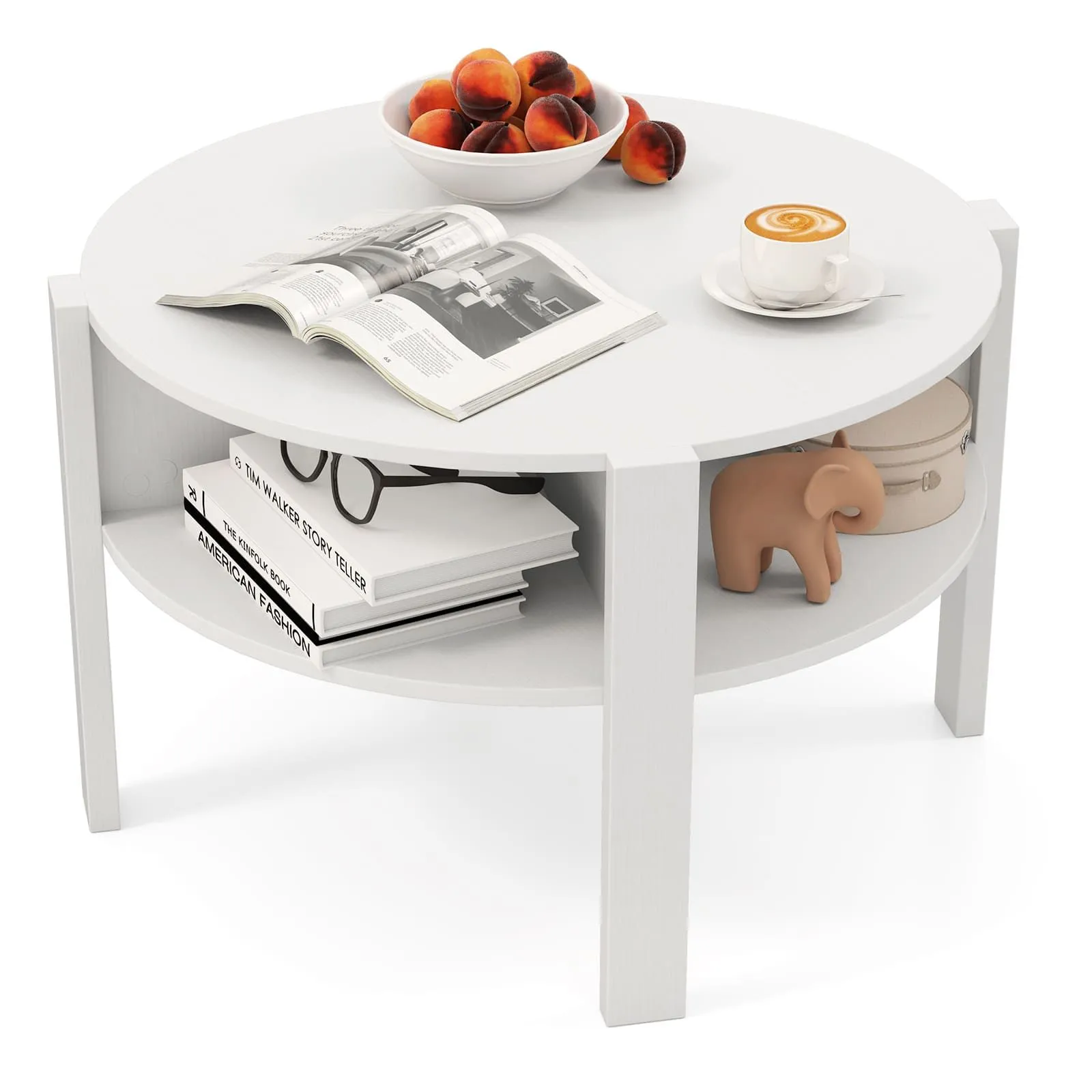 Costway 2-Tier Round Coffee Table 74cm Tea Cocktail Table w/ Storage in White