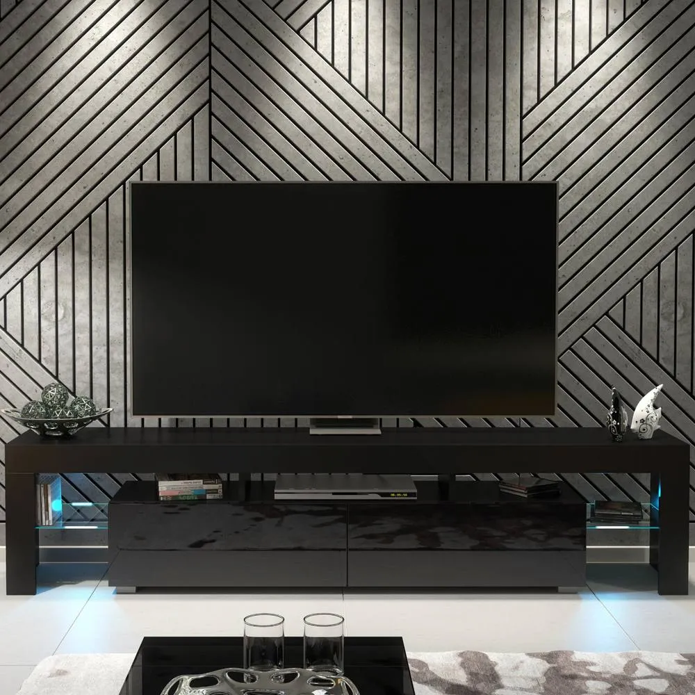 Creative Furniture Nova TV Unit 200cm - Black with Gloss Doors & LED Lights