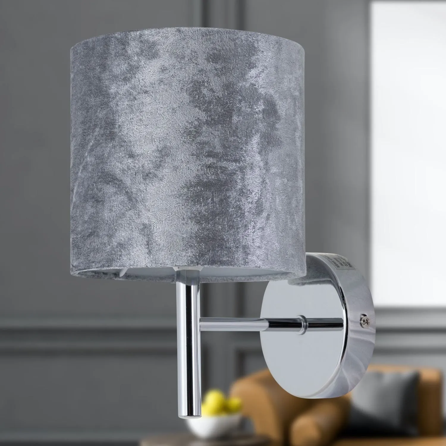 First Choice Lighting Brea - Chrome Wall Light with Grey Crushed Velvet Shade in Silver 4