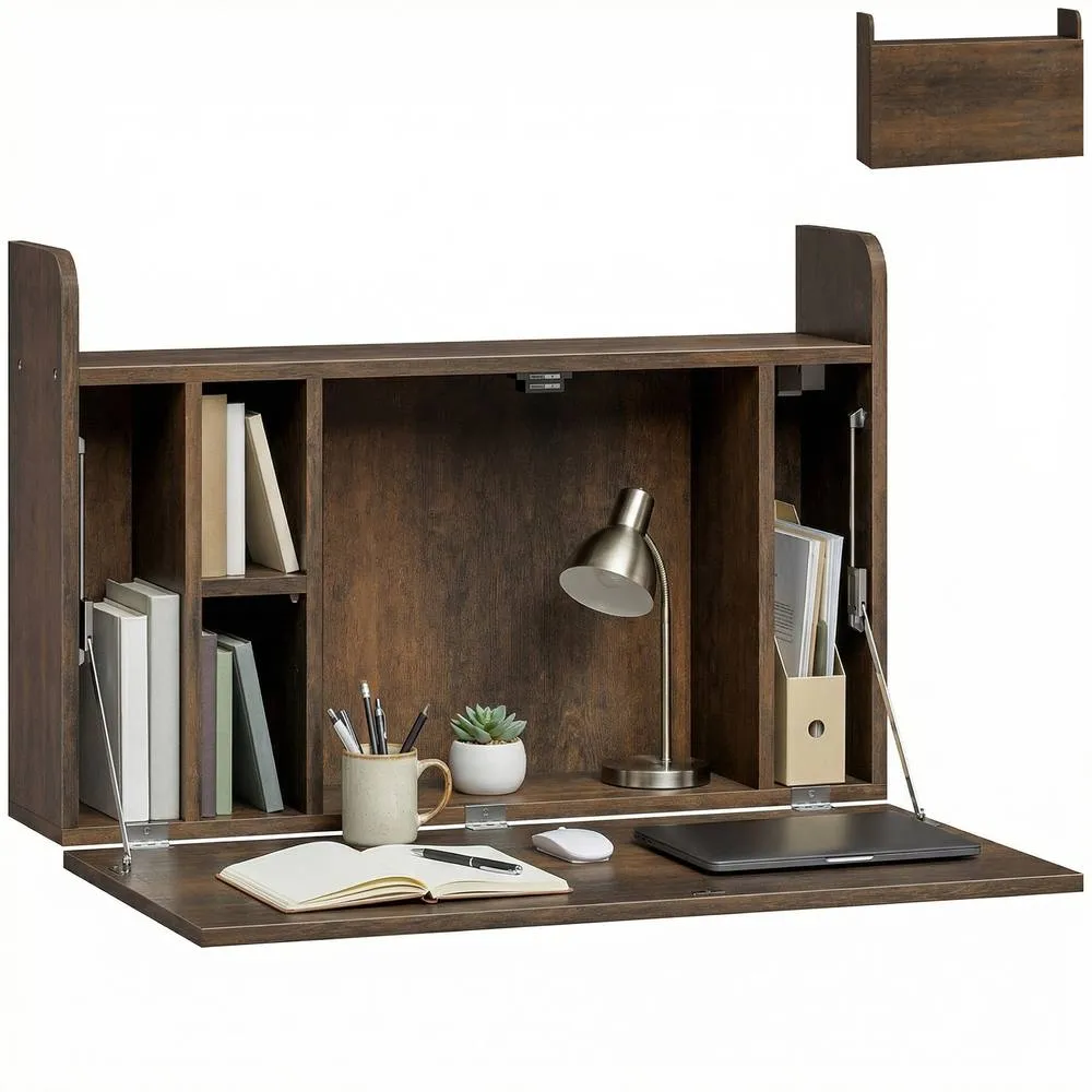 HOMCOM Wall Mounted Table w/ Space Saving Storage Compartments in Dark Brown 2