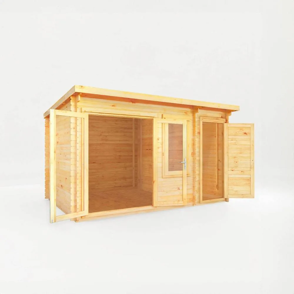 Mercia Elite Pent Log Cabin w/ Side Shed, 28 mm - L333.5 x W413.6 x H249.4 cm in Light Brown 2