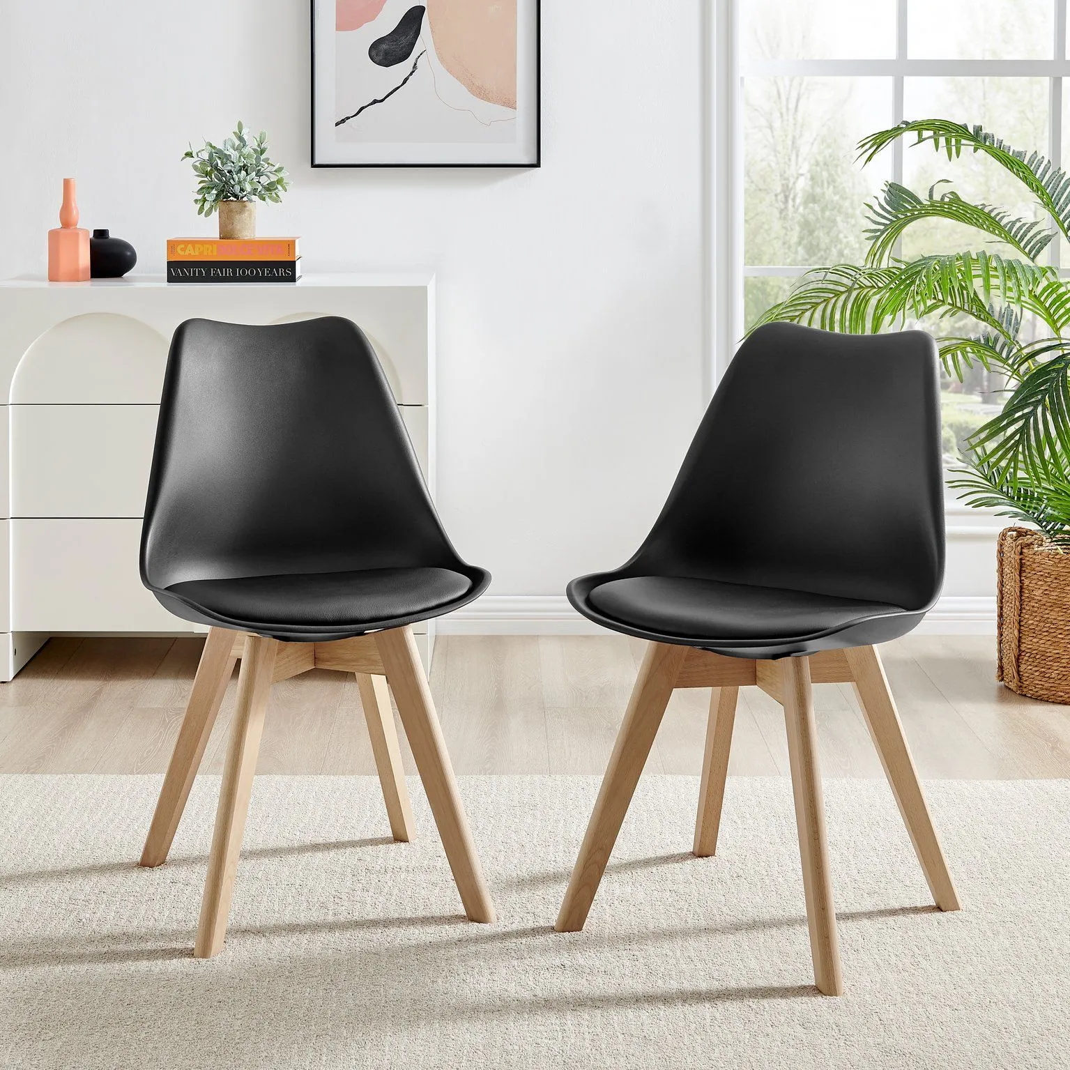 FurnitureboxUK Set of 2 Stockholm Natural Birch Wood Scandi Minimalist Dining Chairs with Faux Leather Cushion in Black 1