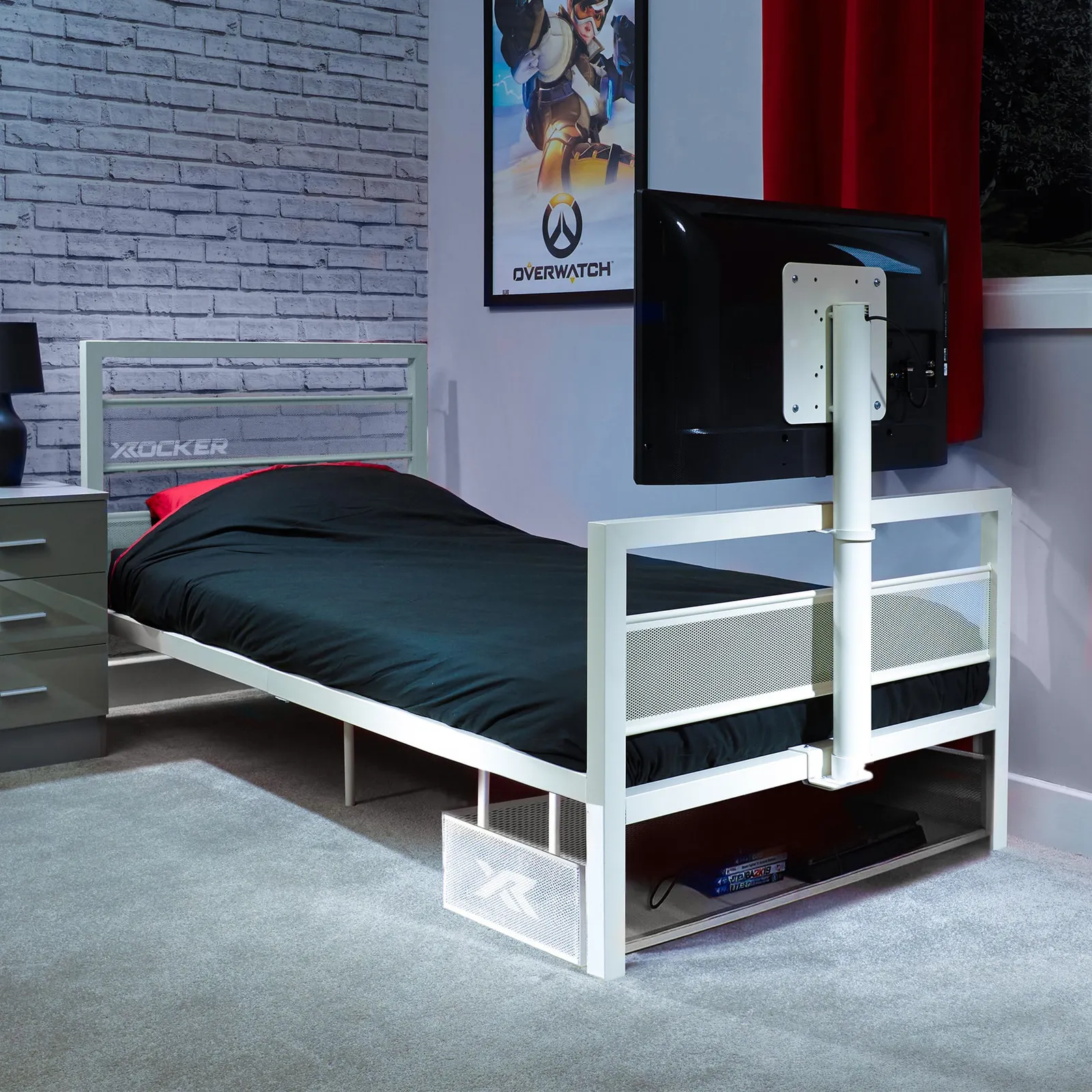 X Rocker Basecamp TV Bed with Rotating TV Mount & Storage in White