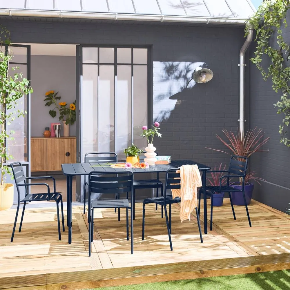 sweeek 6-seater metal garden table with 2 armchairs & 4 chairs in Dark Blue 1