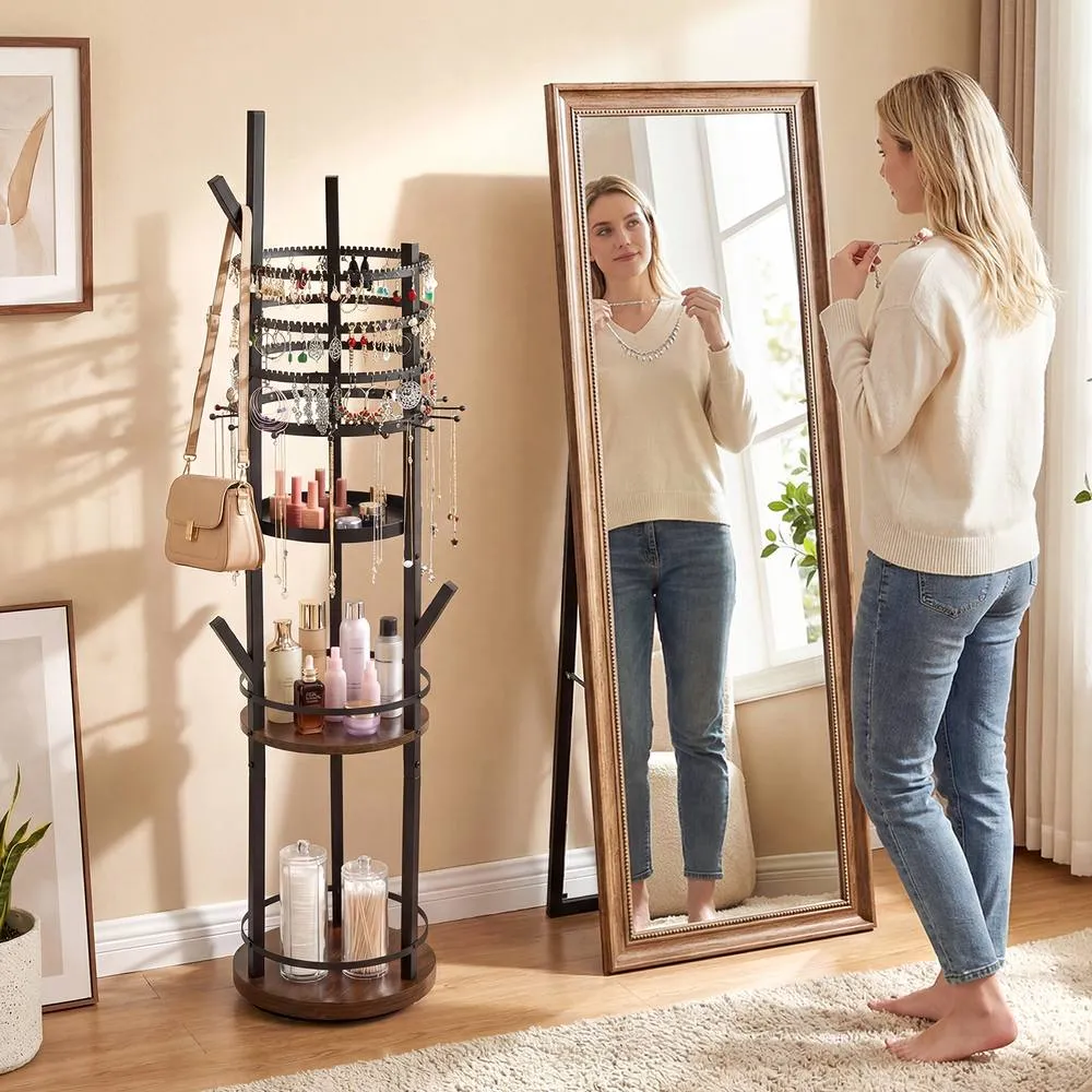 Costway Jewelry Stand Rotating Jewelry Display Tower w/Earring Necklace Holder in Brown 4