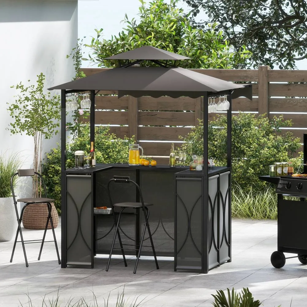 Costway Grill Gazebo w/ Awning Outdoor BBQ Canopy w/Table & 2 Foldable Chairs in Grey 3