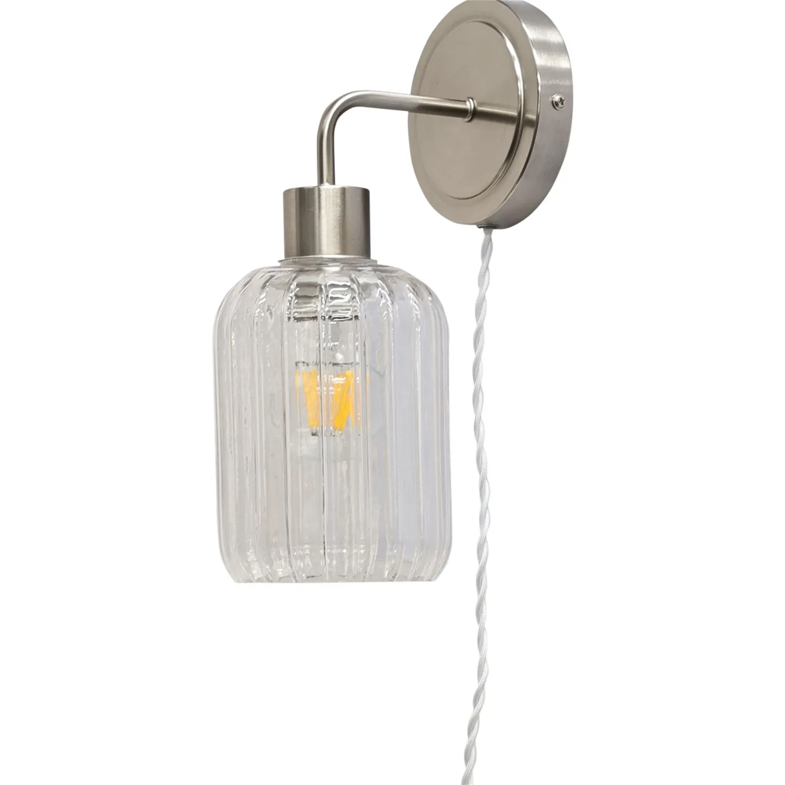First Choice Lighting Set of 2 Toby - Satin Nickel Plug in Wall Lights Ribbed Glass Shades in Silver 3