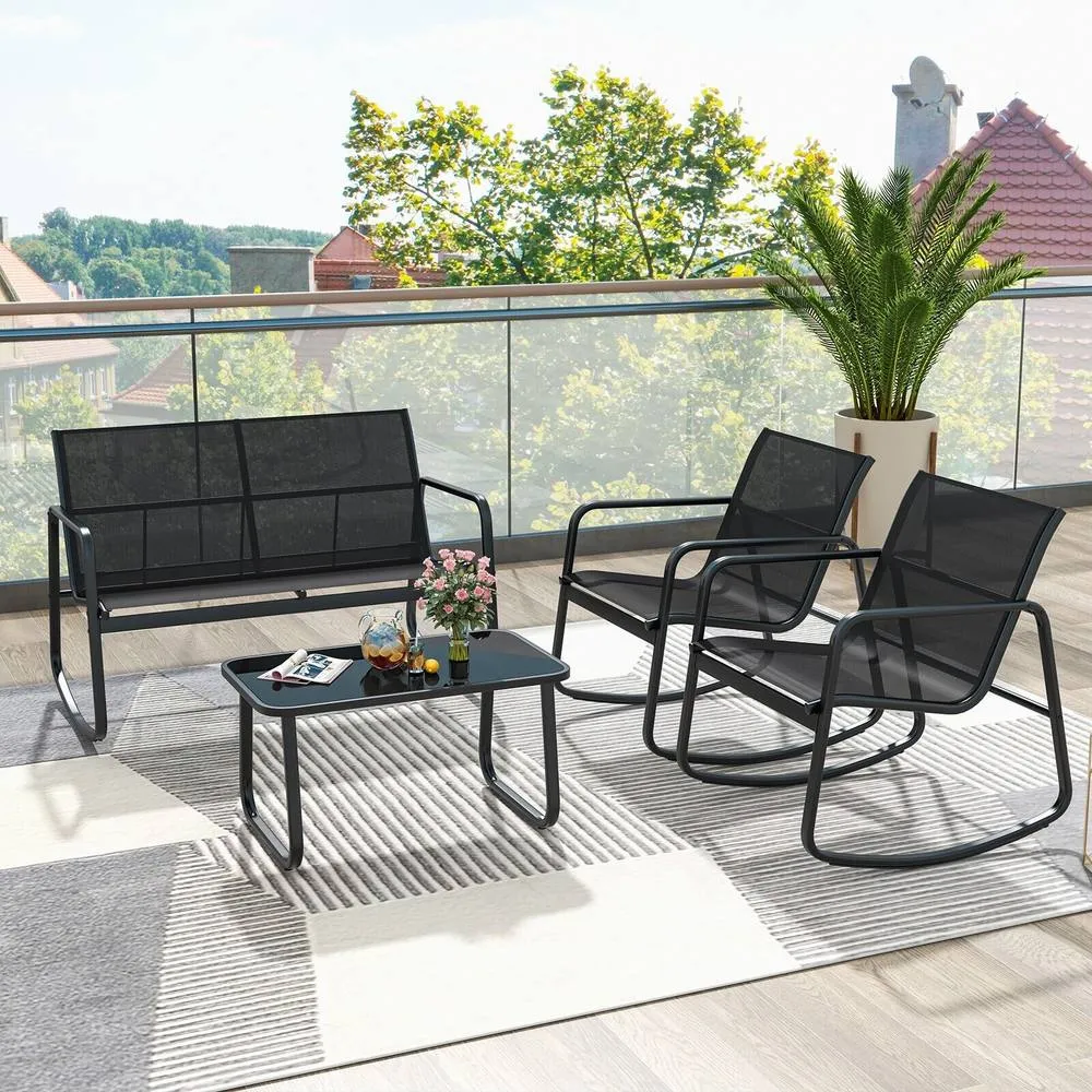 Costway 4 PCS Patio Rocking Set Outdoor Rocker Chair Conversation Set in Black 4