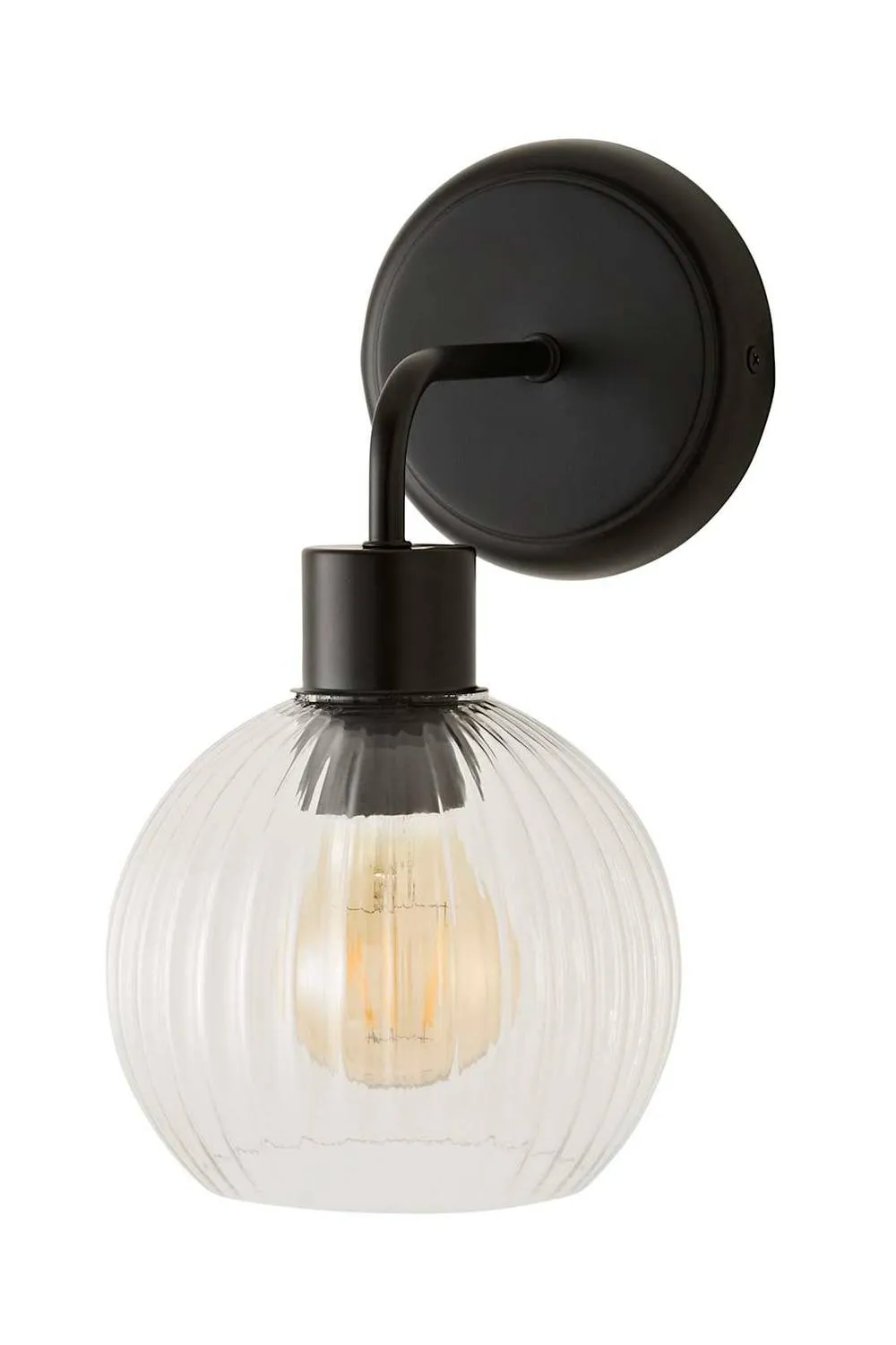 ValueLights Maddison Clear Ribbed Glass Globe Metal Wall Light Fitting & Bulb in Black 6