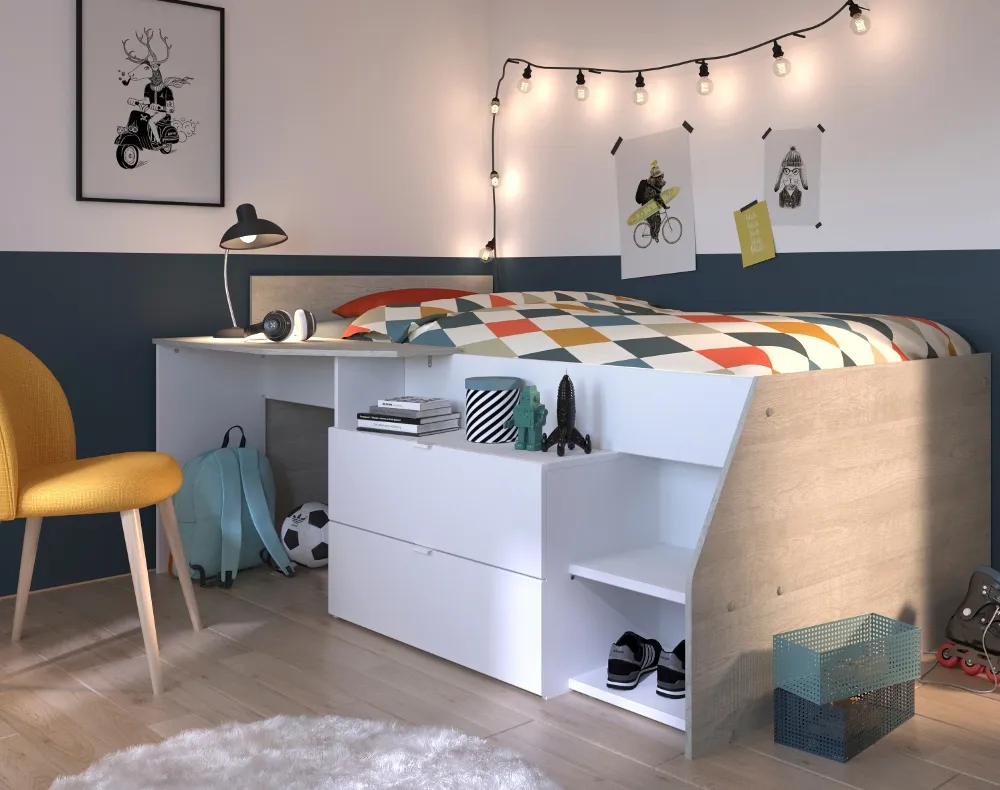 Milky White and Grey Oak Midsleeper Bed Frame - EU Single